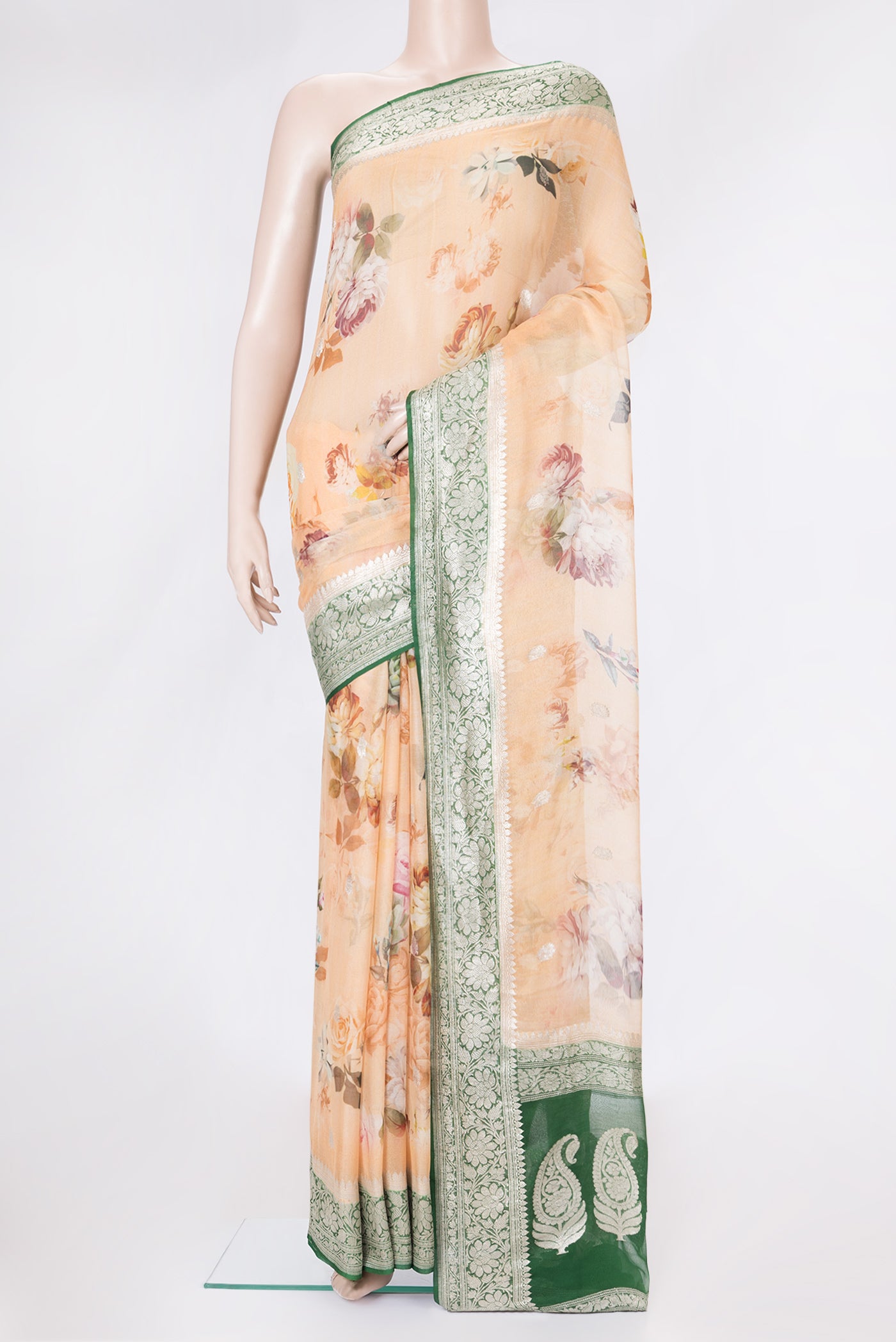 Beige Dual Tone Banarasi Georgette Saree with Printed design on the body and Zari Border.  displayed on a mannequin
