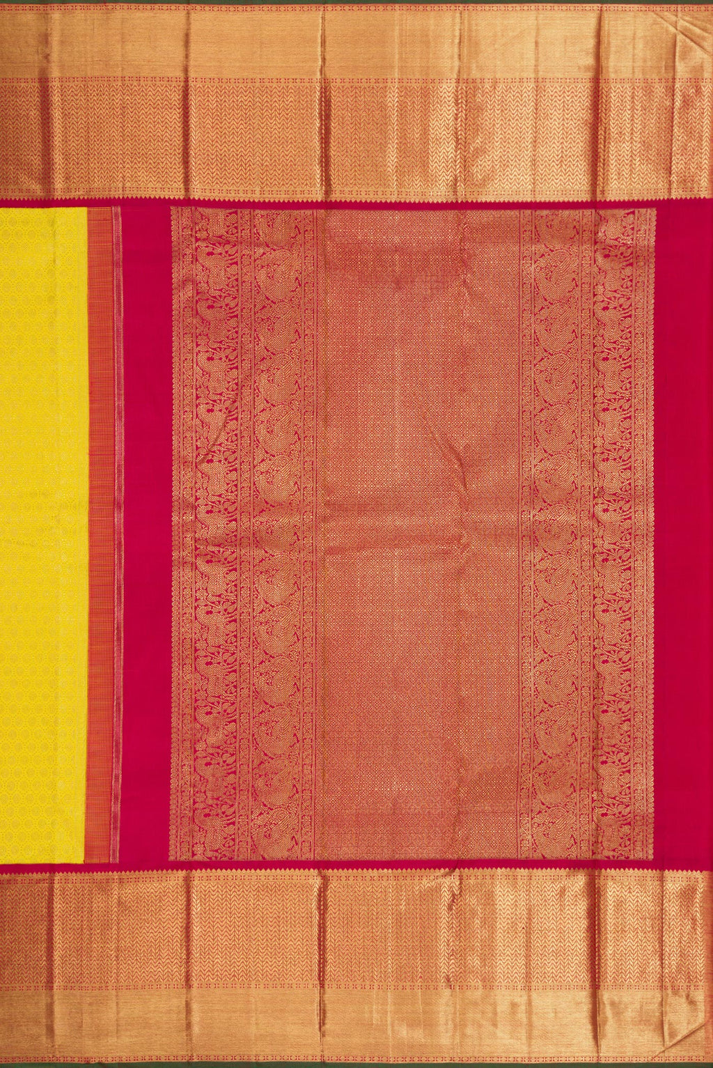 Close up image of the pallu of Pure Silk Pure Zari Parrot Green Dual Tone Kanjivaram Saree with Zari Brocade on the body and Zari Border. 
