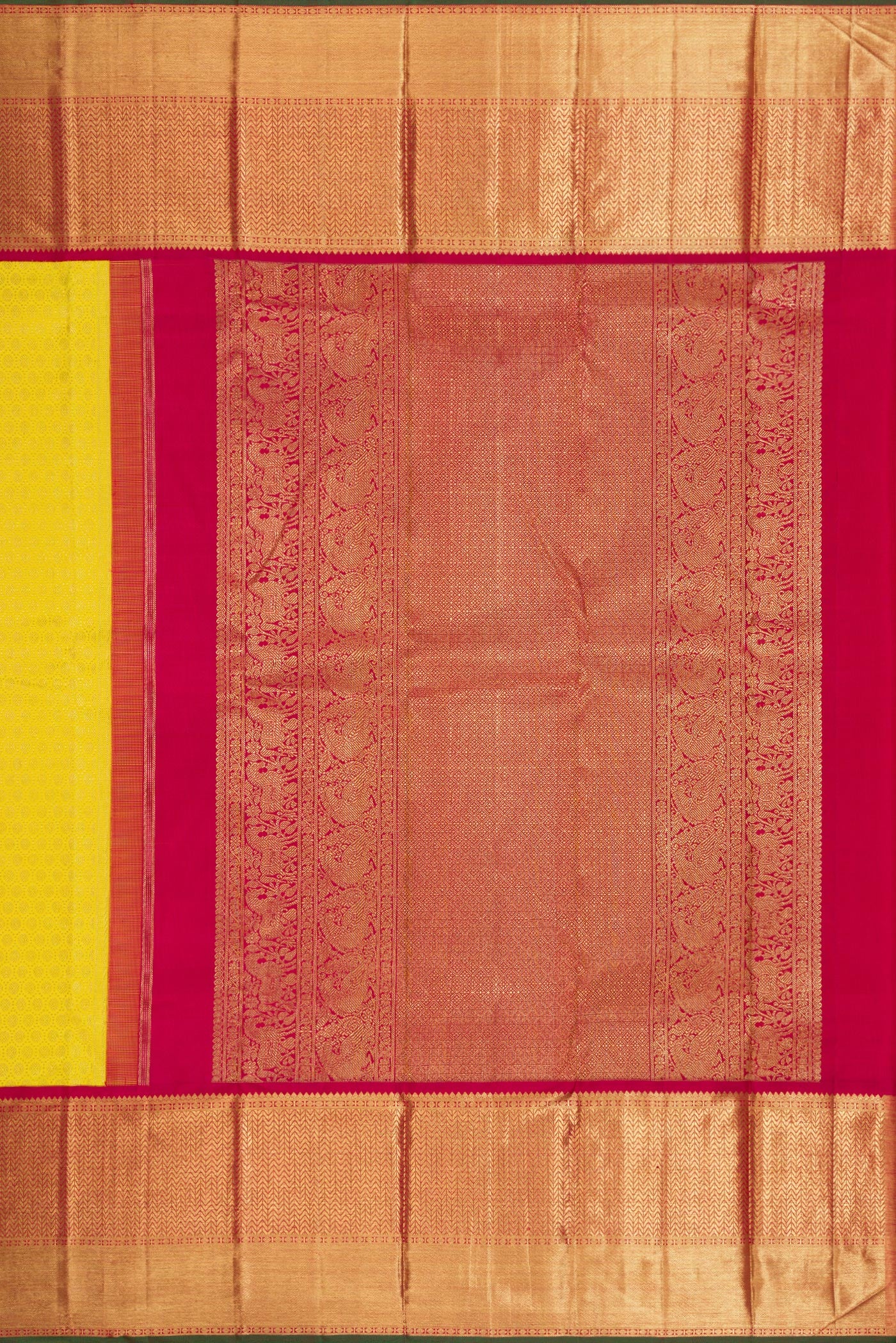 Close up image of the pallu of Pure Silk Pure Zari Parrot Green Dual Tone Kanjivaram Saree with Zari Brocade on the body and Zari Border. 