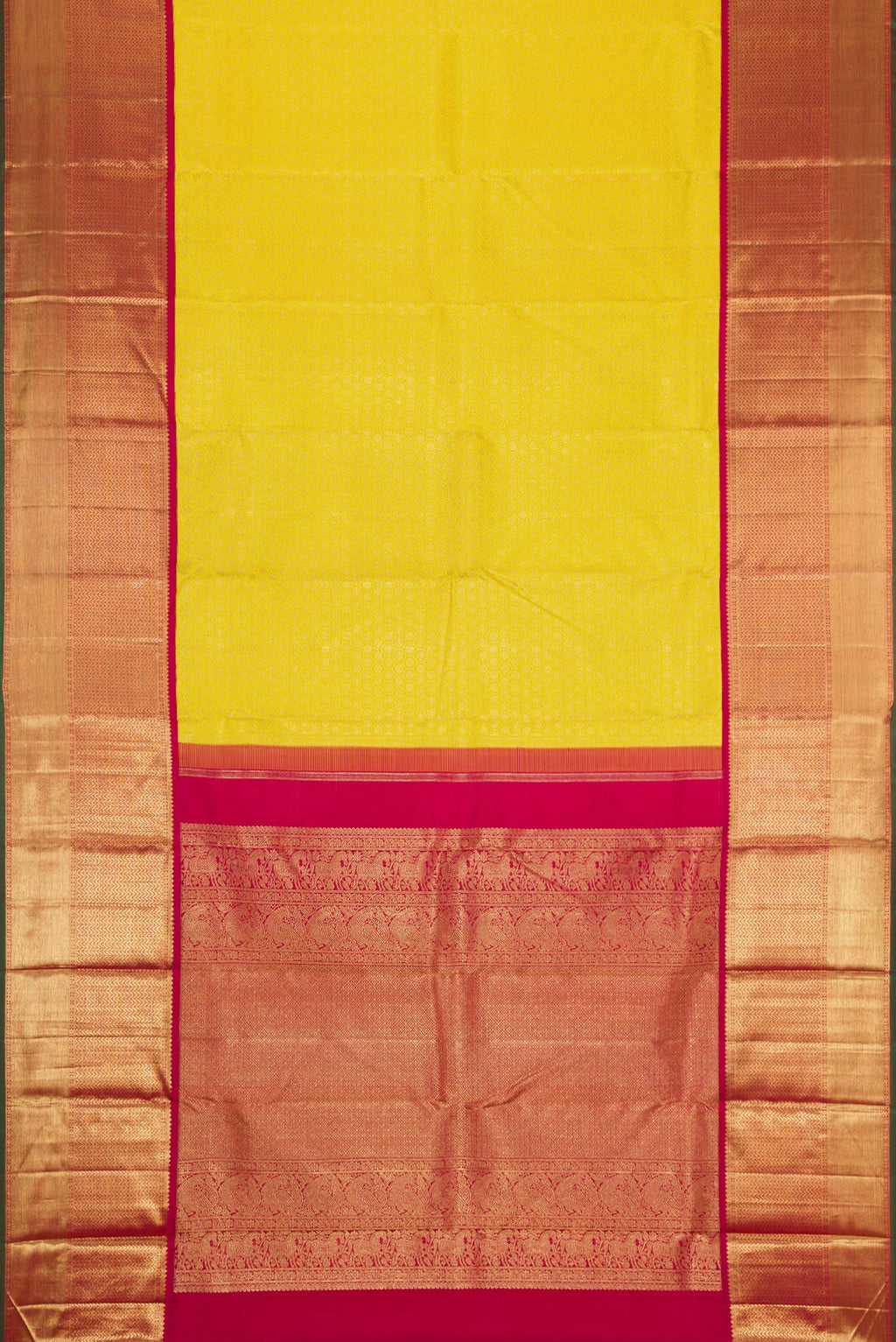 Flat view of Pure Silk Pure Zari Parrot Green Dual Tone Kanjivaram Saree with Zari Brocade on the body and Zari Border. 