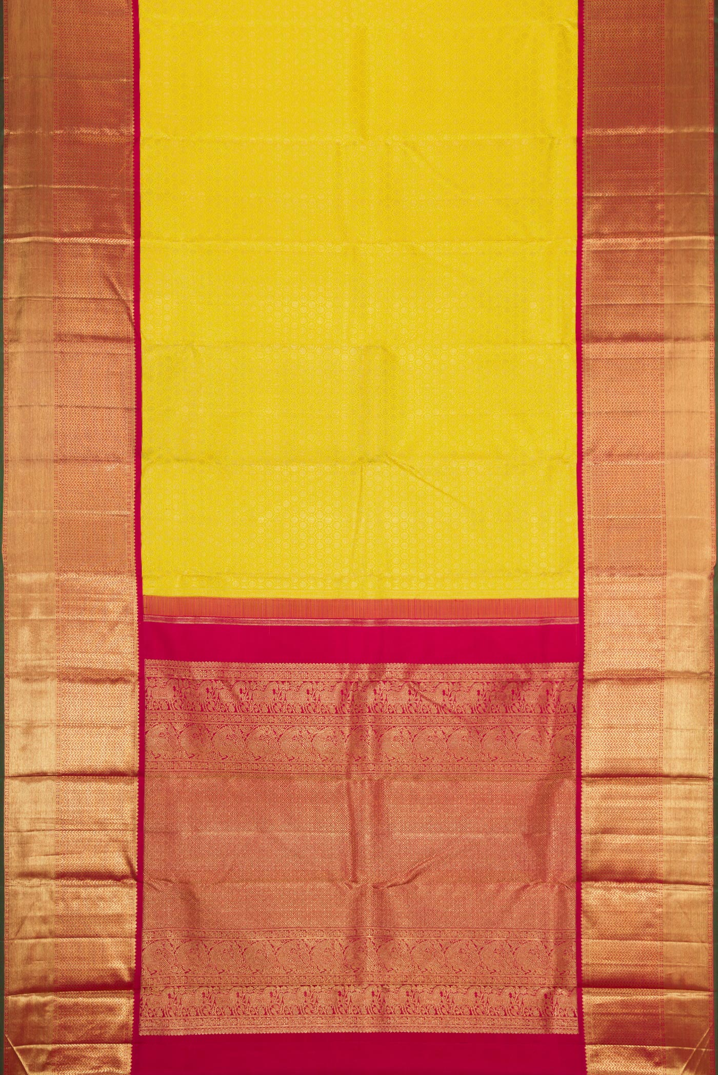 Flat view of Pure Silk Pure Zari Parrot Green Dual Tone Kanjivaram Saree with Zari Brocade on the body and Zari Border. 