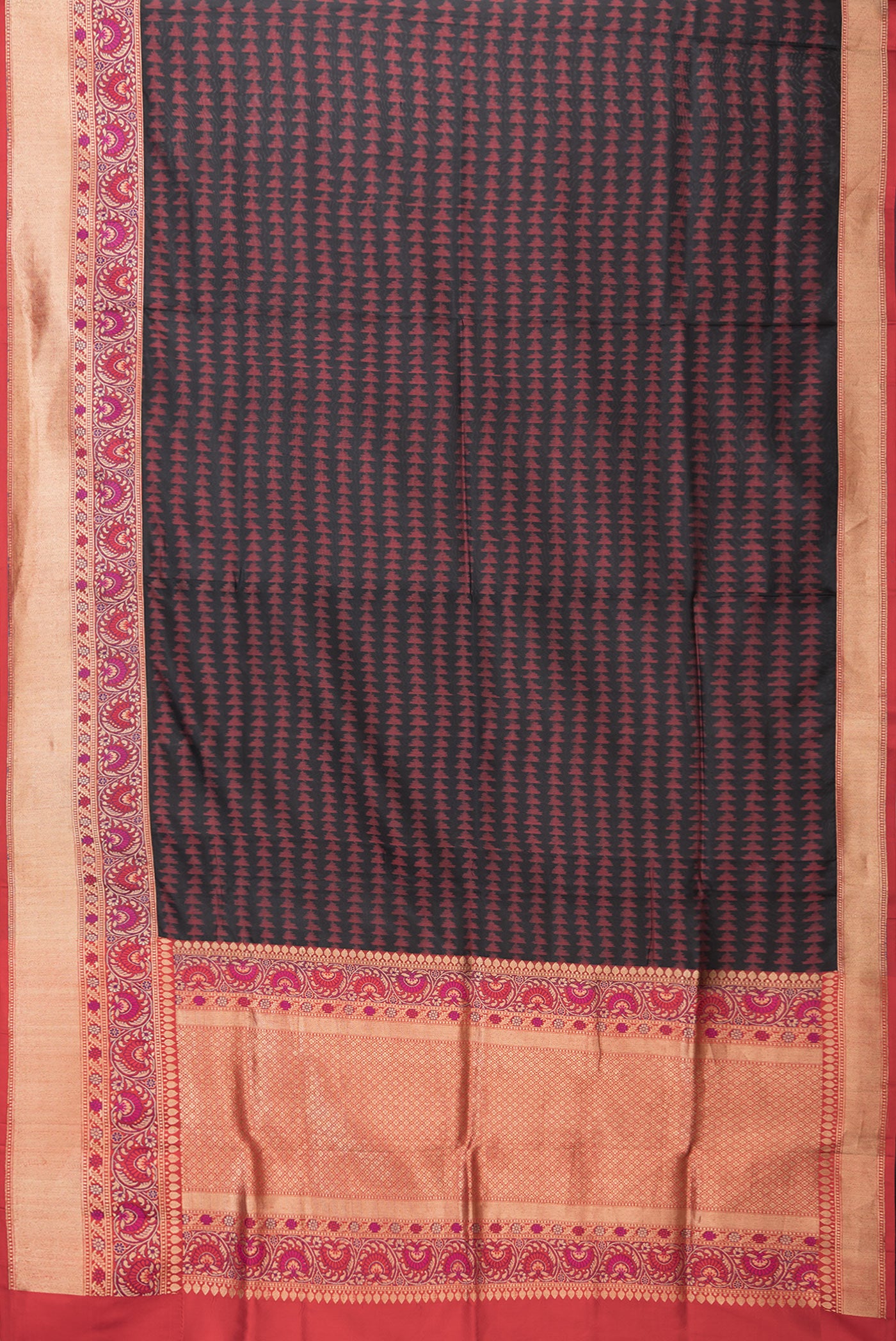 Flat view of Black Dual Tone Double Ikat Saree with Ikat Print on the body and Fancy Border. 