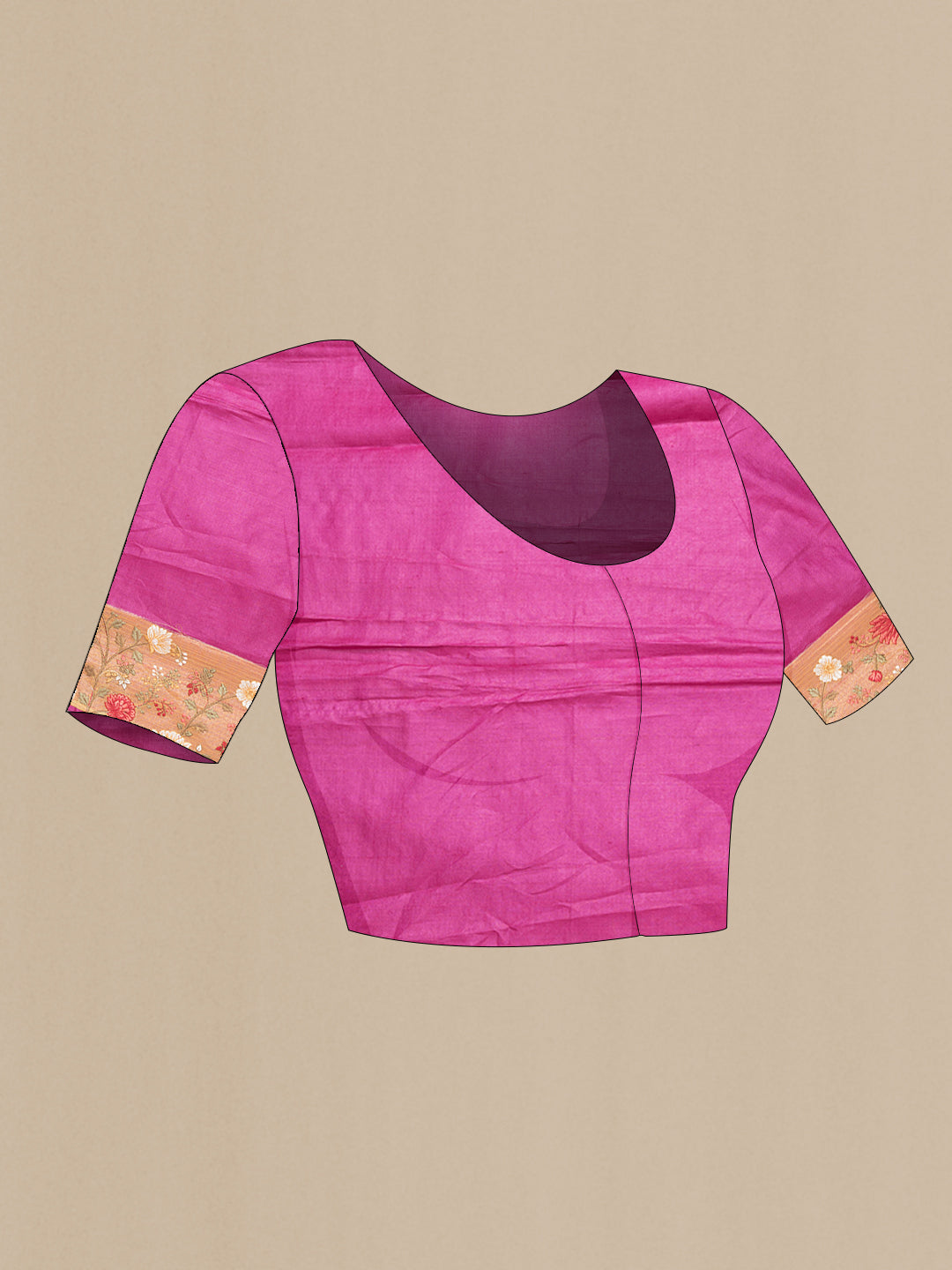 Close up image of the blouse of Pink Dual Tone Tussar Silk Saree with Plain Body and Embroidery Border. 