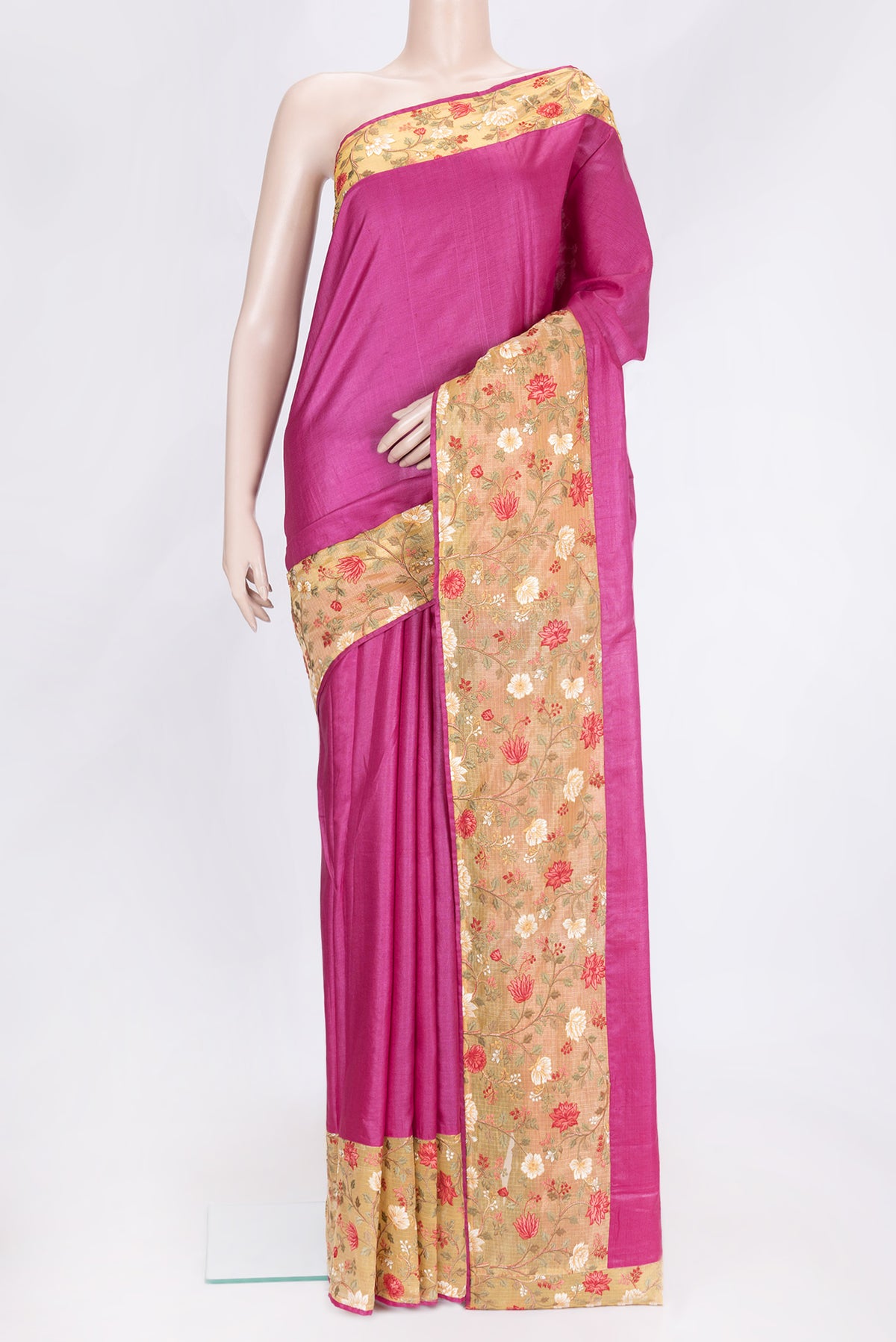 Pink Dual Tone Tussar Silk Saree with Plain Body and Embroidery Border.  displayed on a mannequin