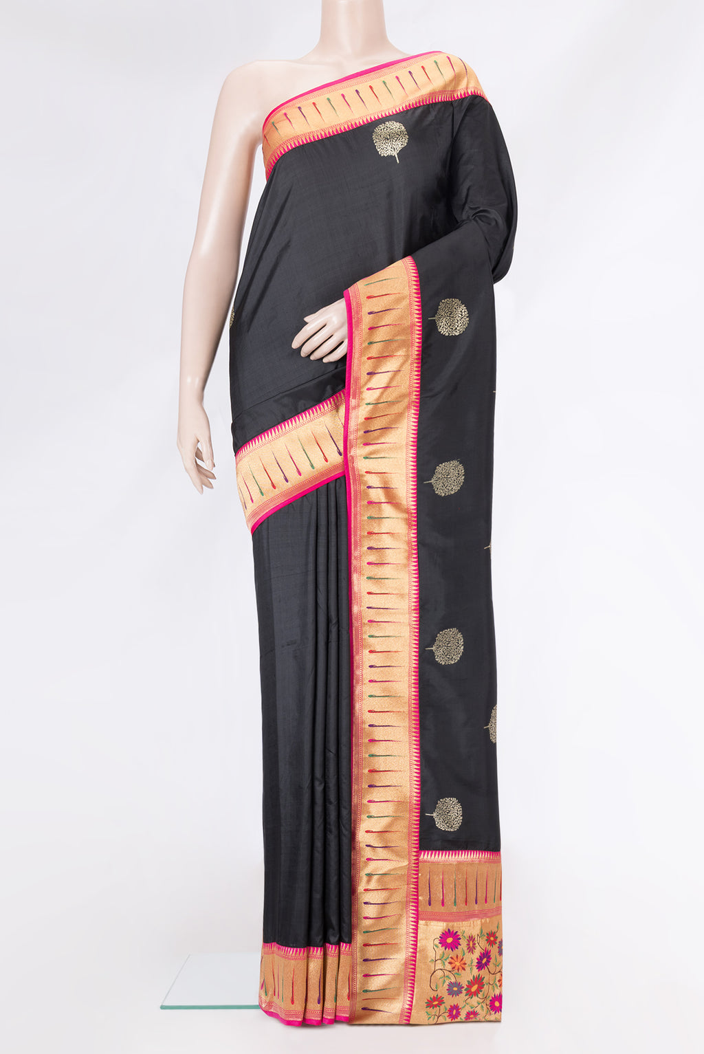 Black Dual Tone Banarasi Silk Saree with Zari Butta on the body and Paithani Border.  displayed on a mannequin