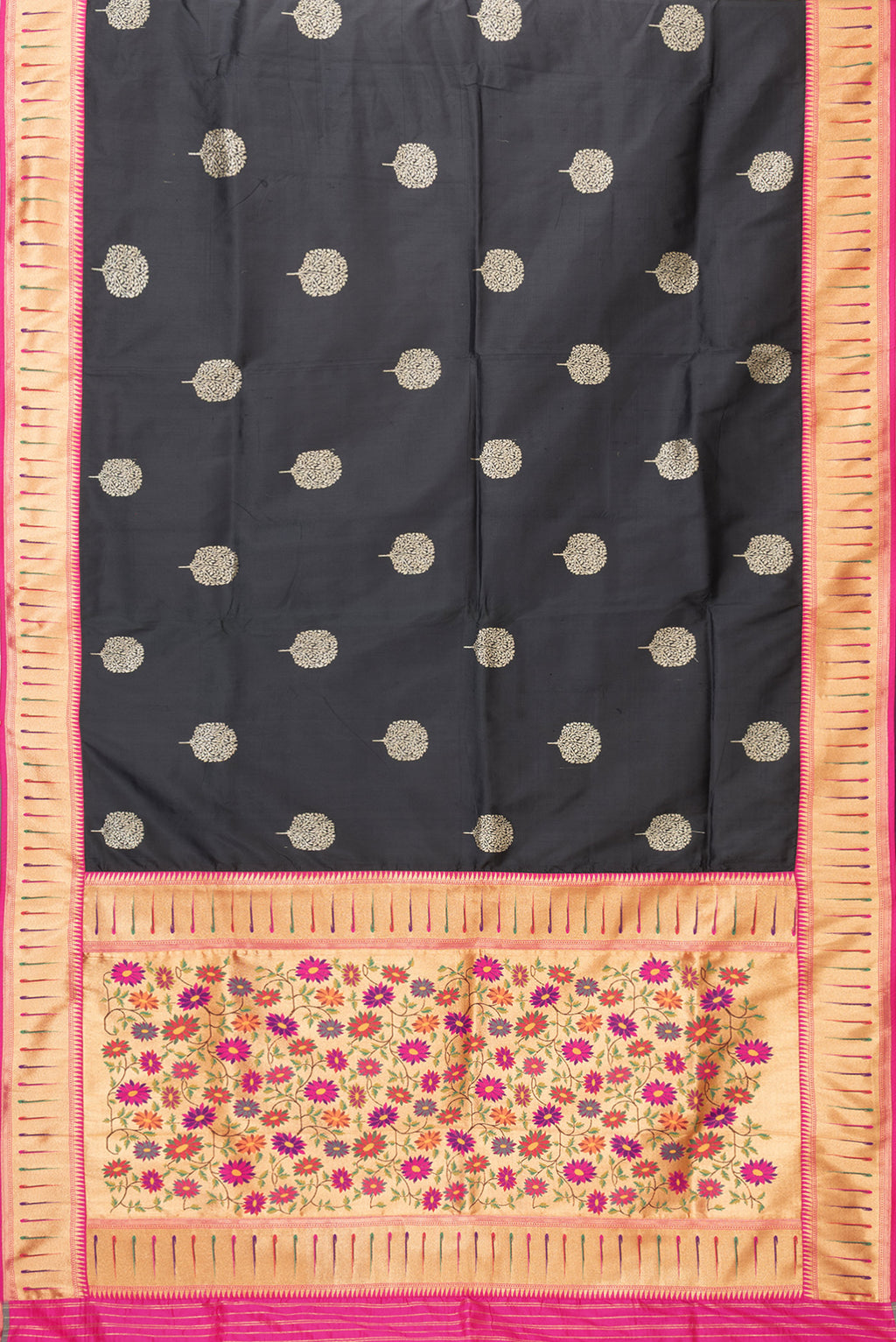 Flat view of Black Dual Tone Banarasi Silk Saree with Zari Butta on the body and Paithani Border. 