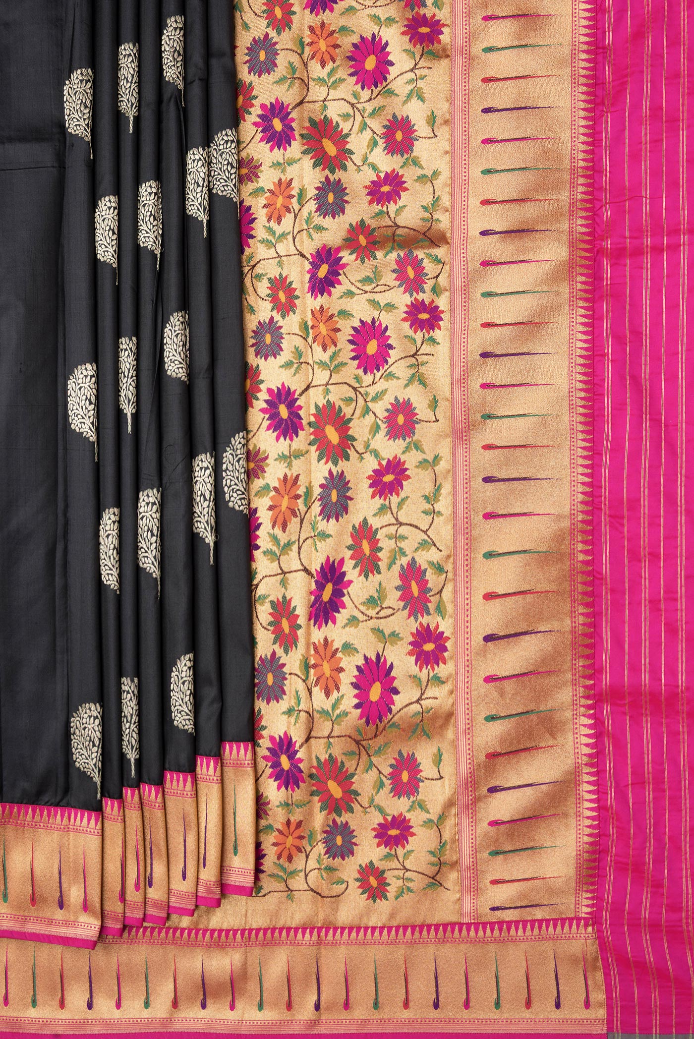 Pleats and pallu of Black Dual Tone Banarasi Silk Saree with Zari Butta on the body and Paithani Border. 