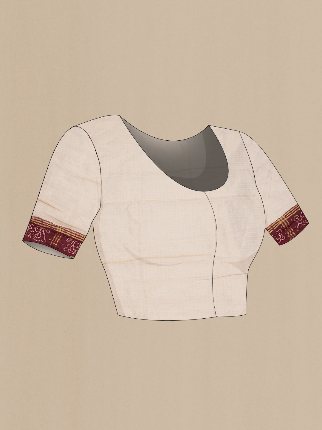 Close up image of the blouse of Beige Dual Tone Organza Silk Saree with Embroidery on the body and Checks Border. 