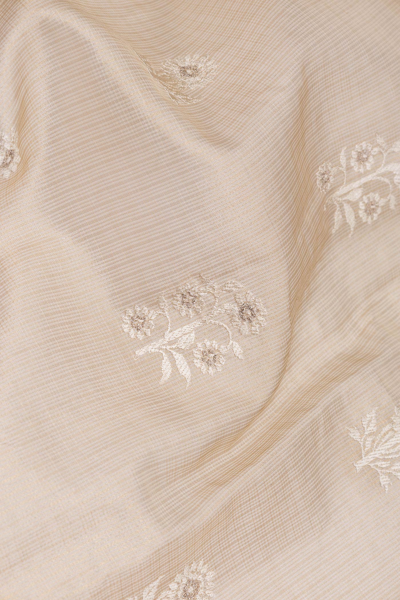 Close up of Beige Dual Tone Organza Silk Saree with Embroidery on the body and Checks Border.  displaying folds