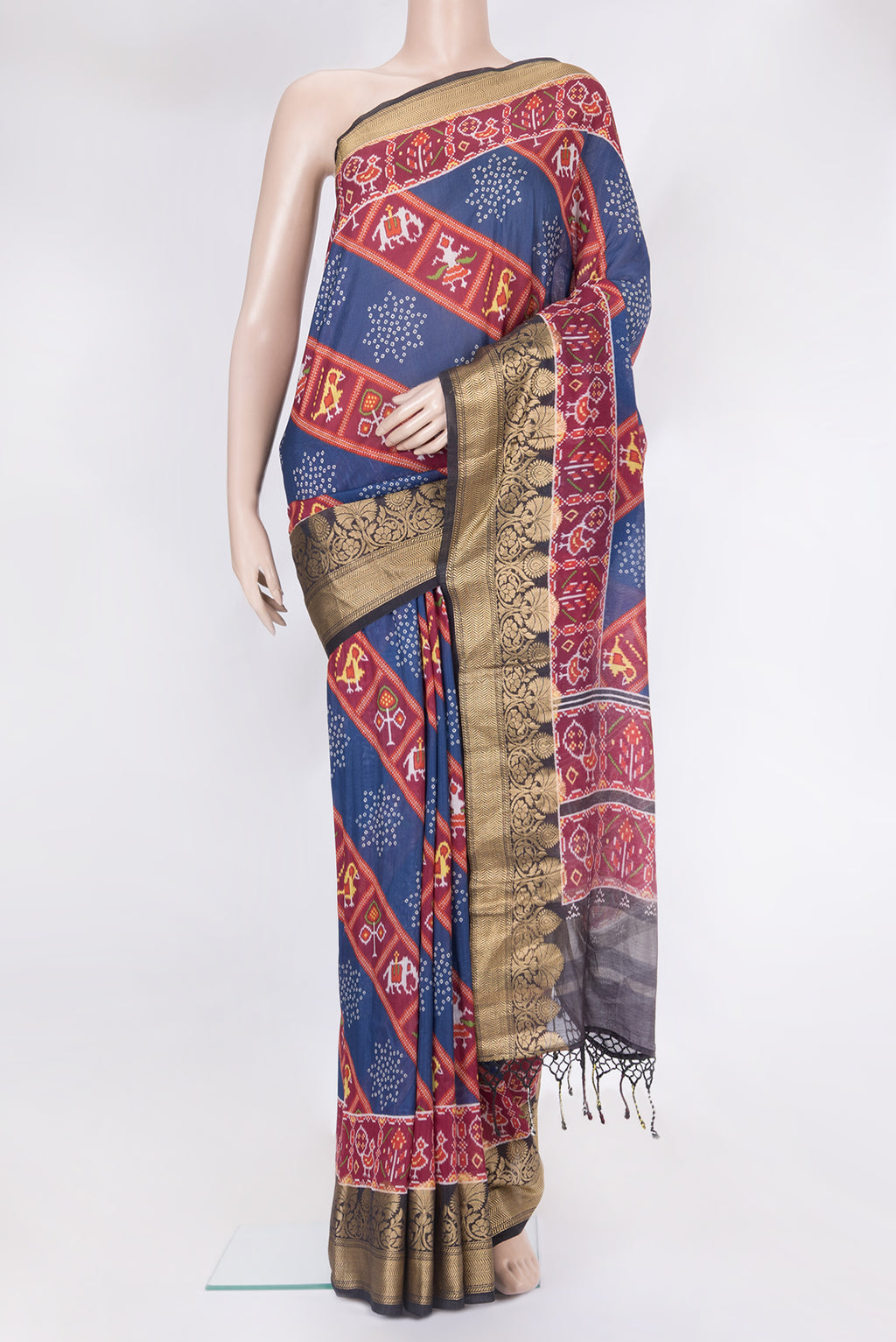 Multi Color Chanderi Silk Saree with Printed design on the body and Zari Border.  displayed on a mannequin