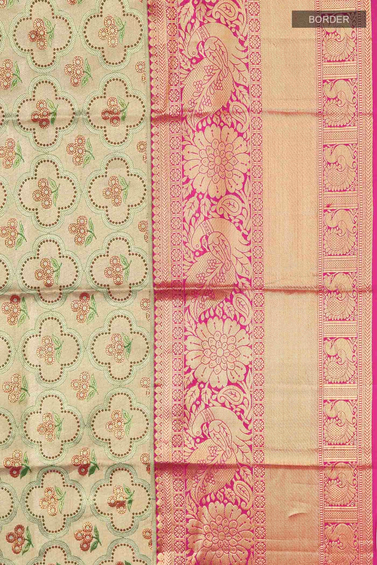 Border image of Gold with Green Color Kanchipuram Tissue Silk Saree with Zari Brocade on the body and Zari Border