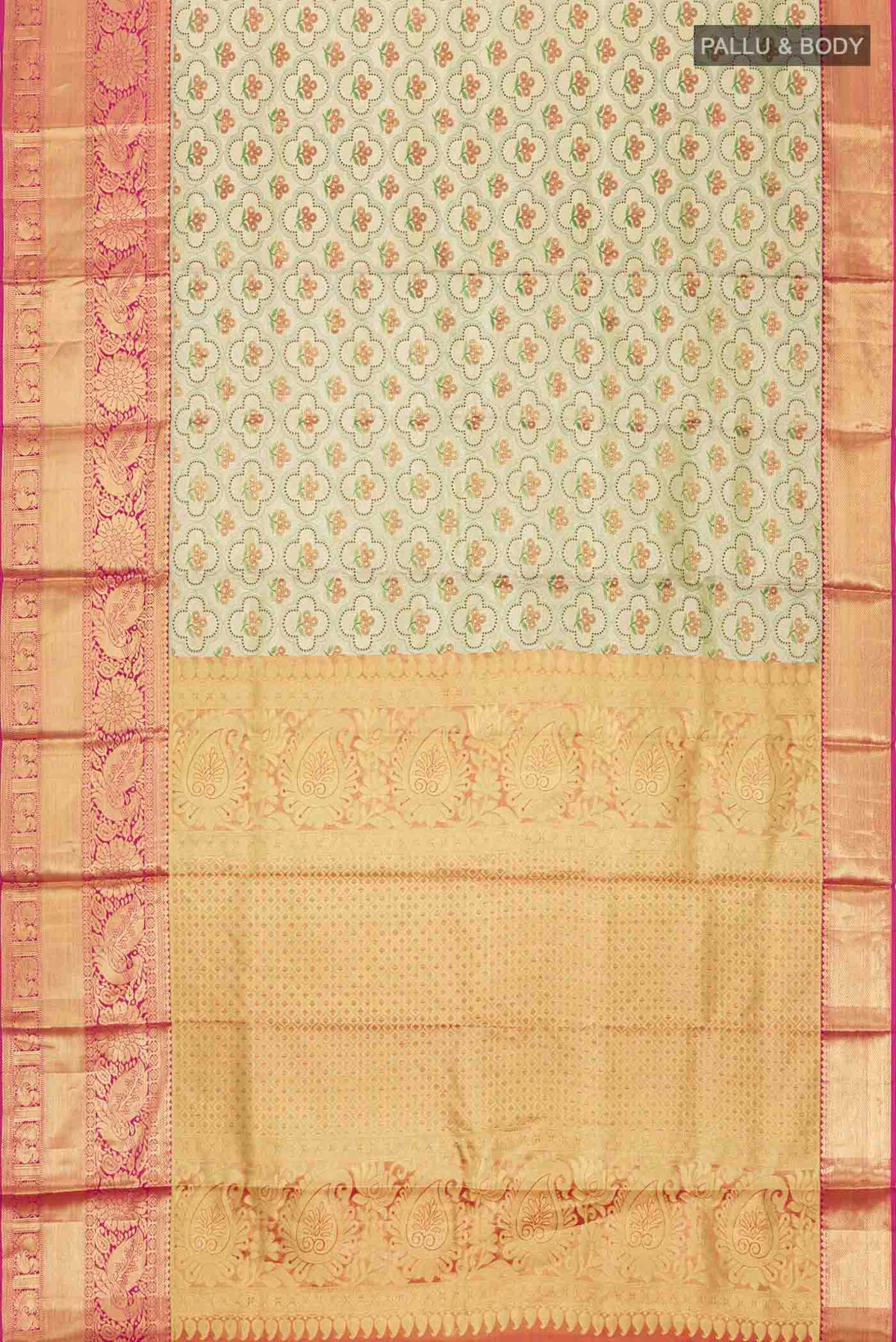 Flat view of Gold with Green Color Kanchipuram Tissue Silk Saree with Zari Brocade on the body and Zari Border