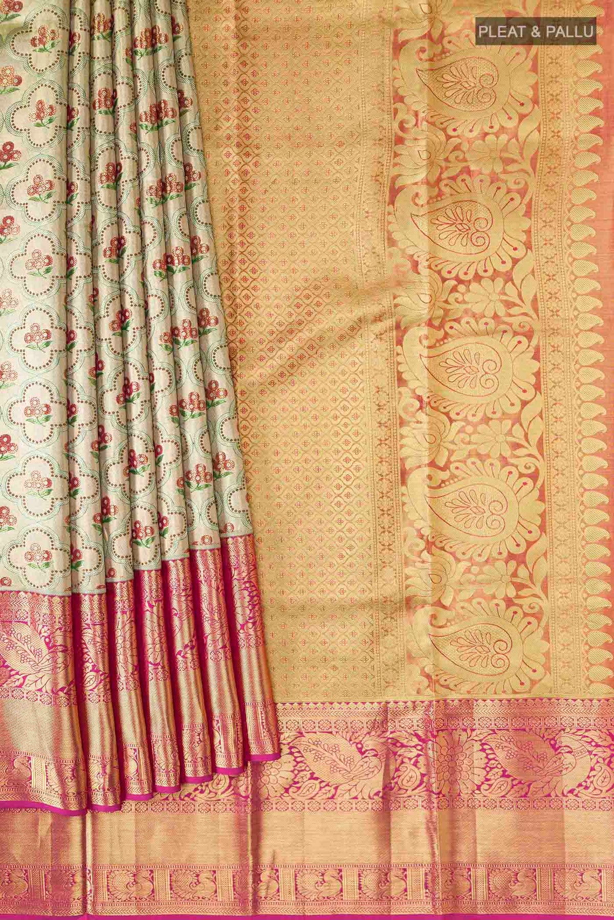 Pleats and pallu of Gold with Green Color Kanchipuram Tissue Silk Saree with Zari Brocade on the body and Zari Border