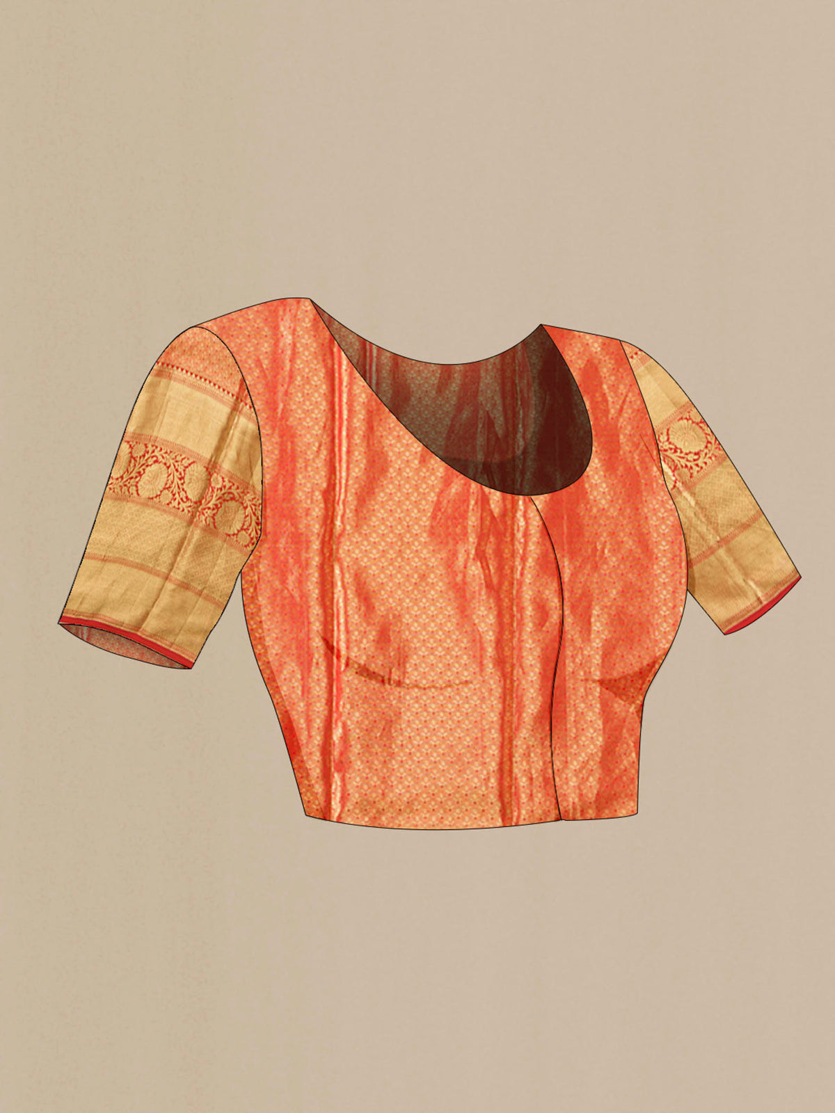 Close up image of the blouse of Gold with Red Color Kanchipuram Tissue Silk Saree with Zari Brocade on the body and Zari Border