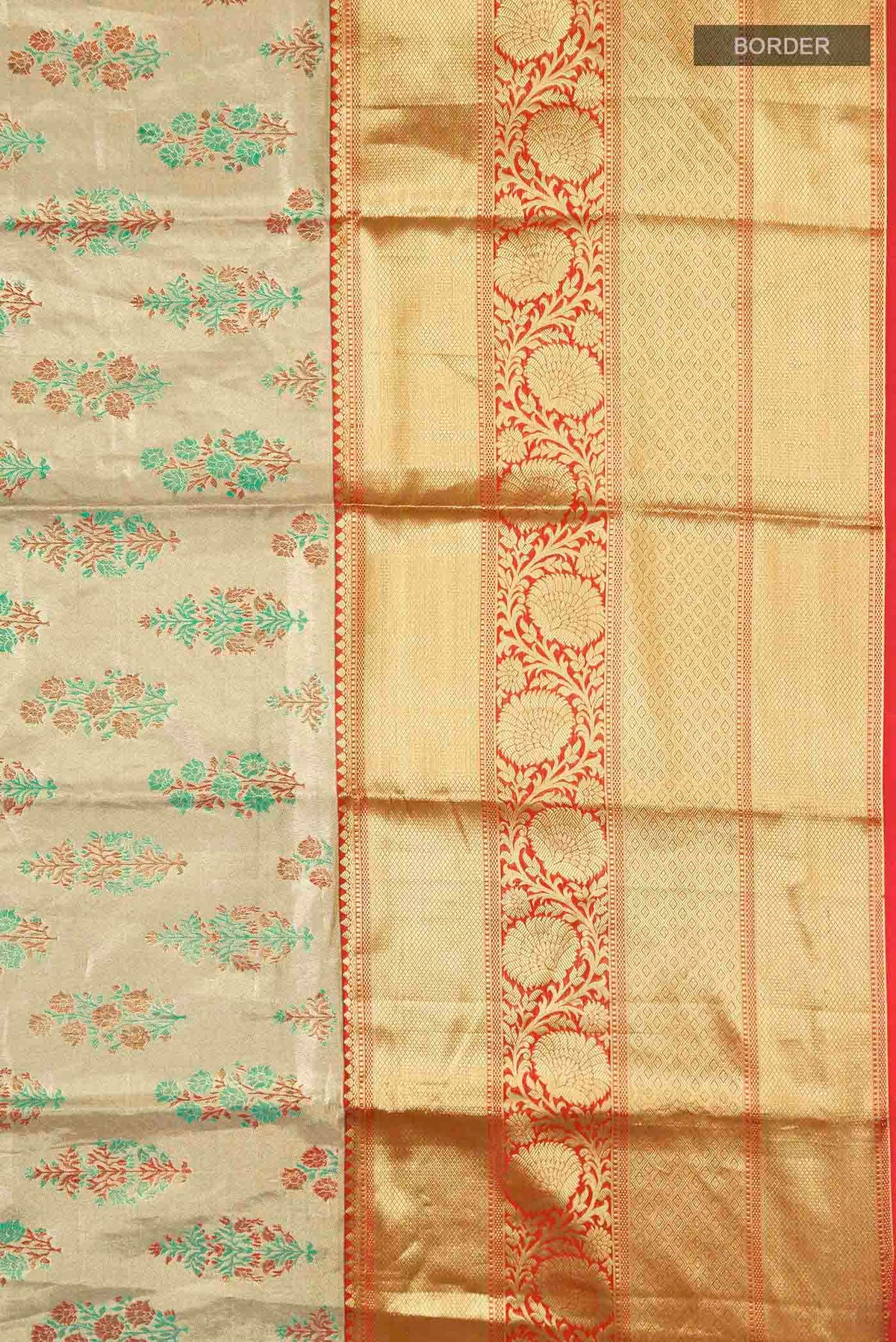 Border image of Gold with Red Color Kanchipuram Tissue Silk Saree with Zari Brocade on the body and Zari Border