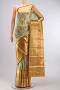 Gold with Red Color Kanchipuram Tissue Silk Saree with Zari Brocade on the body and Zari Border displayed on a mannequin