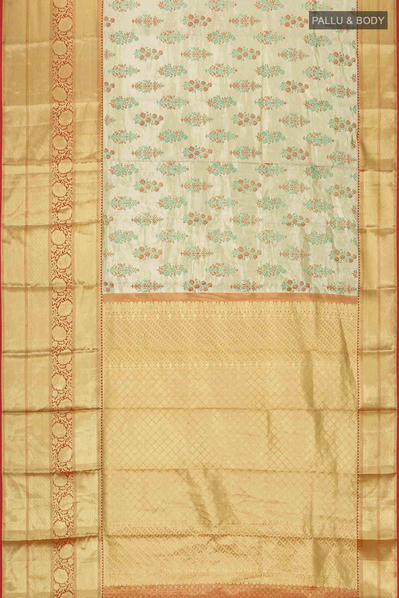 Flat view of Gold with Red Color Kanchipuram Tissue Silk Saree with Zari Brocade on the body and Zari Border