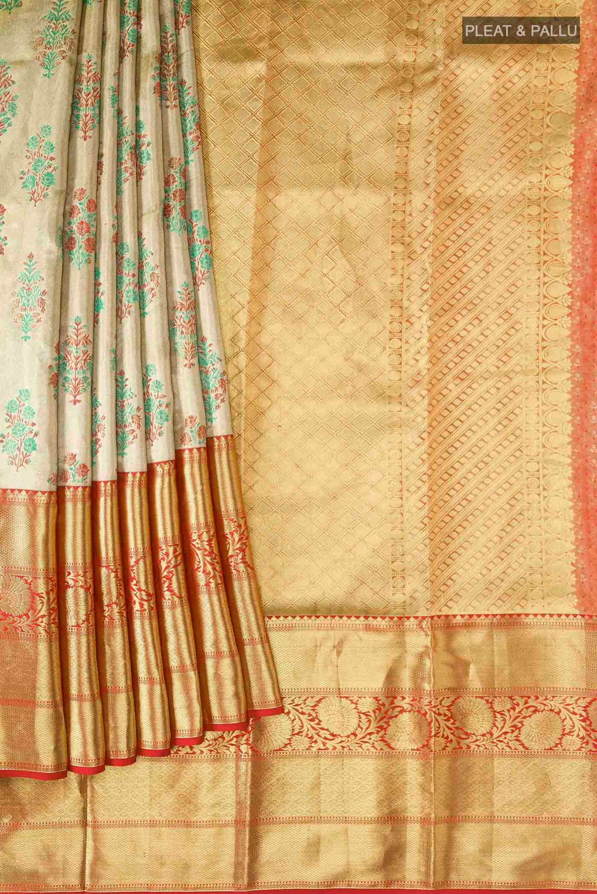 Pleats and pallu of Gold with Red Color Kanchipuram Tissue Silk Saree with Zari Brocade on the body and Zari Border