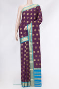 Burgundy Dual Tone Mysore Silk Saree with Zari Butta on the body and Zari Border.  displayed on a mannequin
