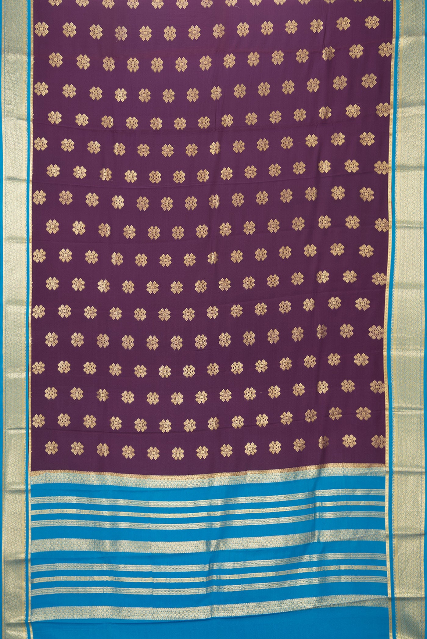 Flat view of Burgundy Dual Tone Mysore Silk Saree with Zari Butta on the body and Zari Border. 