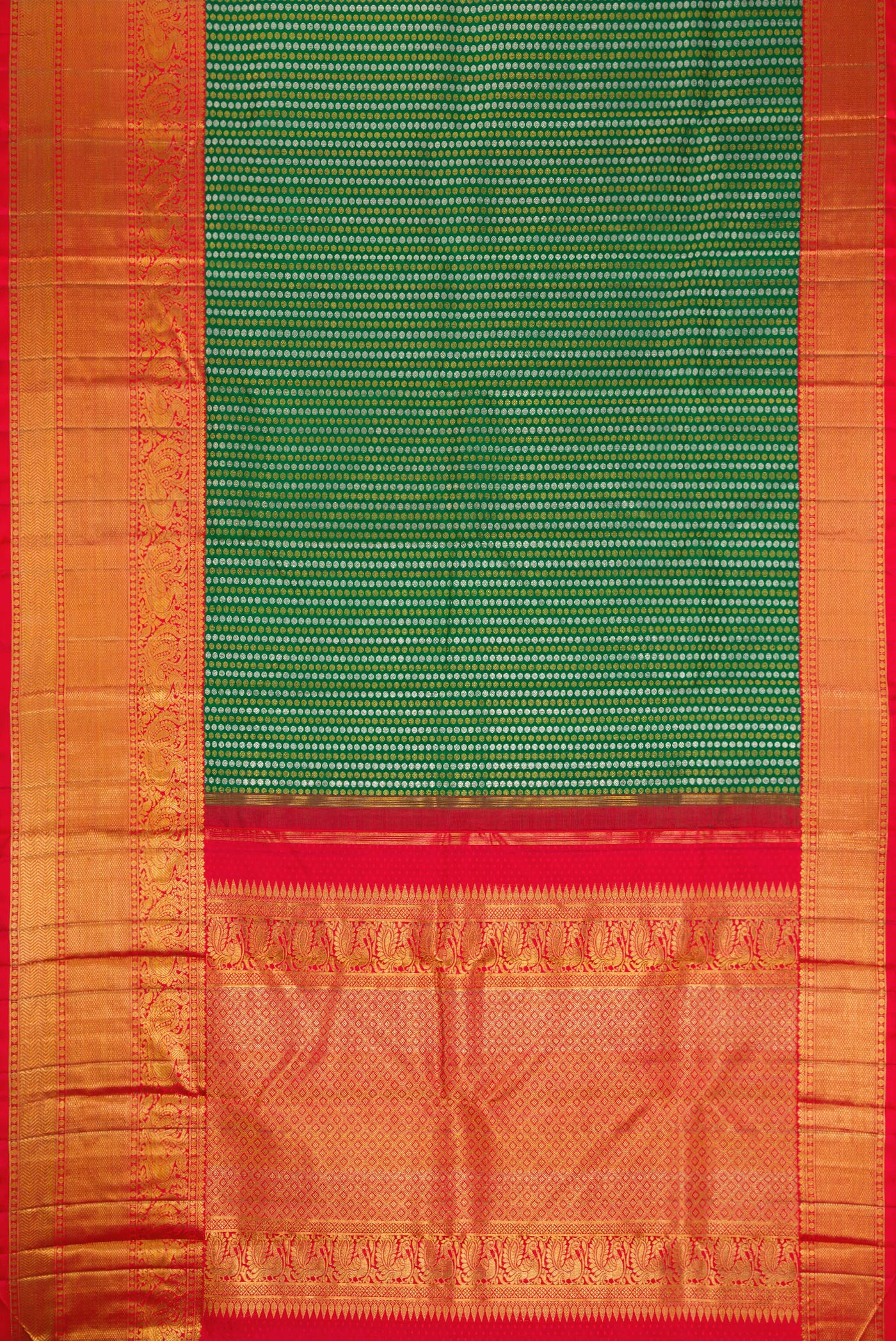 Flat view of Green Kanjivaram Silk Saree with Zari Brocade on the body and Zari Border. 