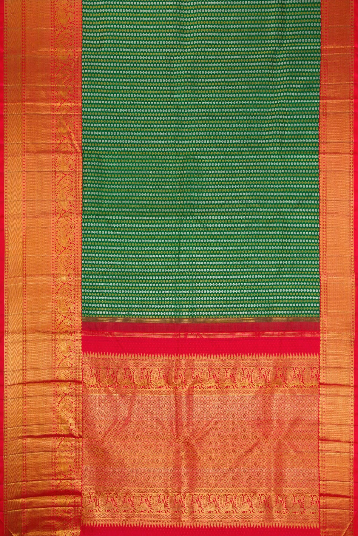 Flat view of Green Kanjivaram Silk Saree with Zari Brocade on the body and Zari Border. 