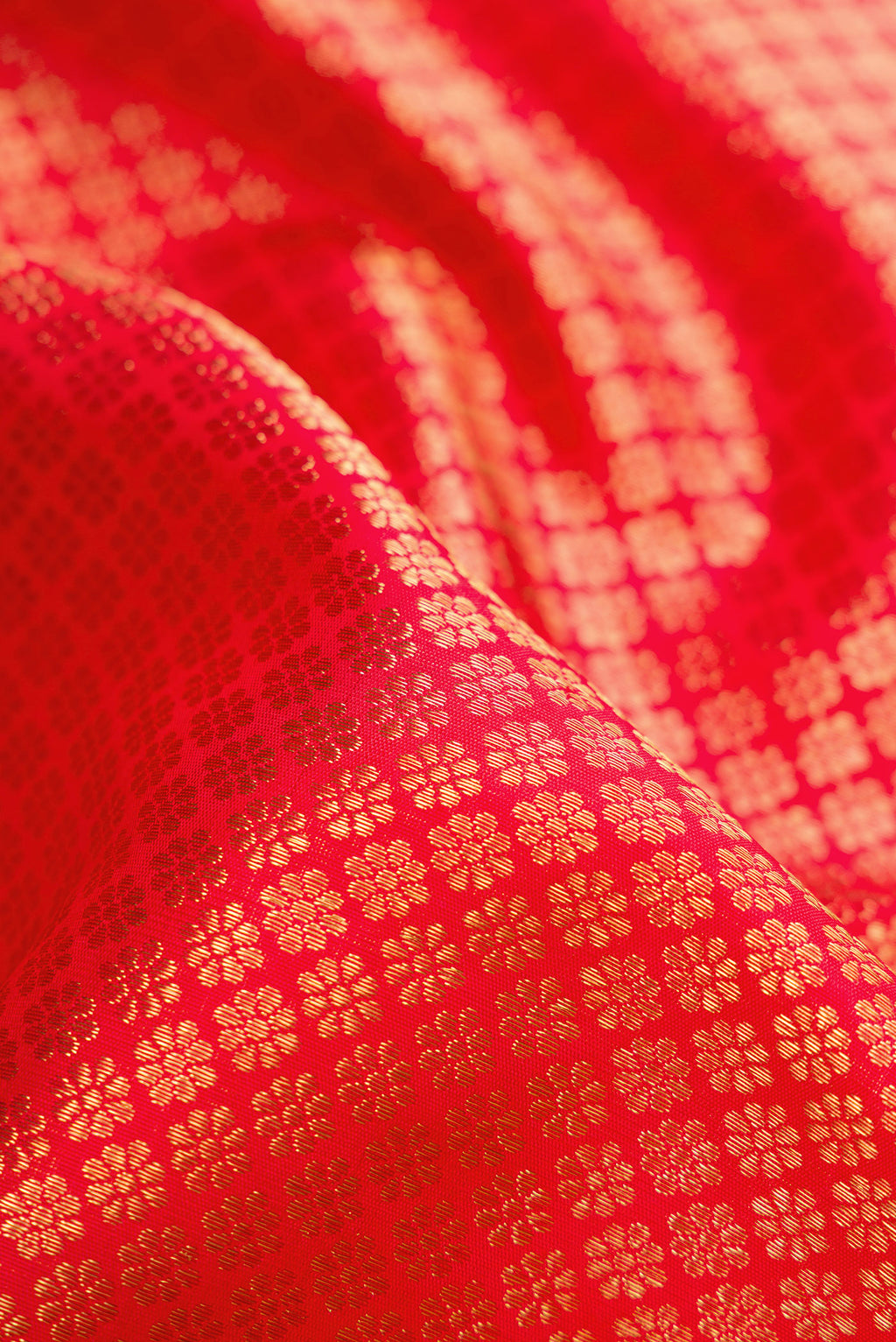 Close up of Pure Silk Pure Zari Red Kanjivaram Saree with Zari Brocade on the body and Zari Border.  displaying folds
