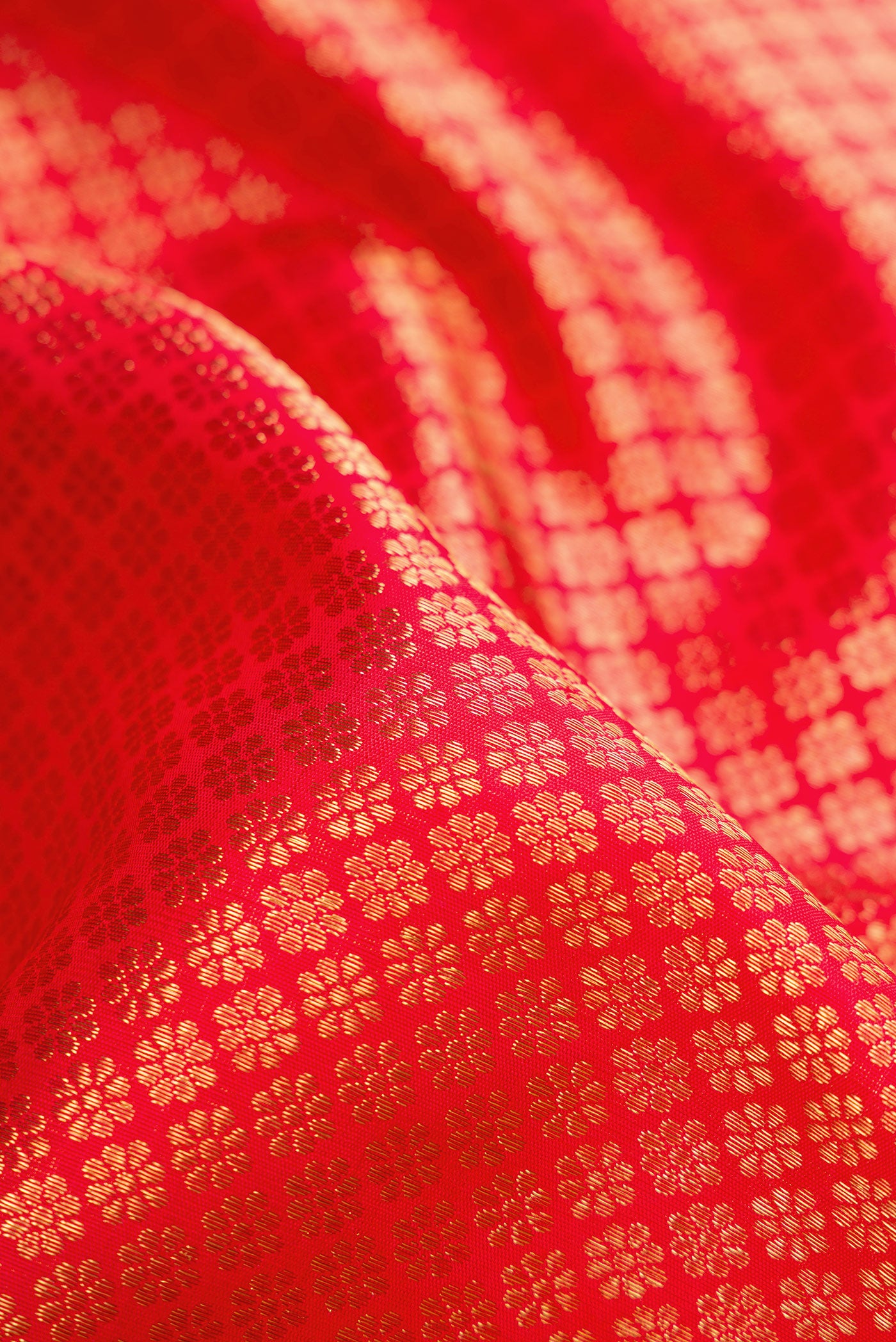 Close up of Pure Silk Pure Zari Red Kanjivaram Saree with Zari Brocade on the body and Zari Border.  displaying folds