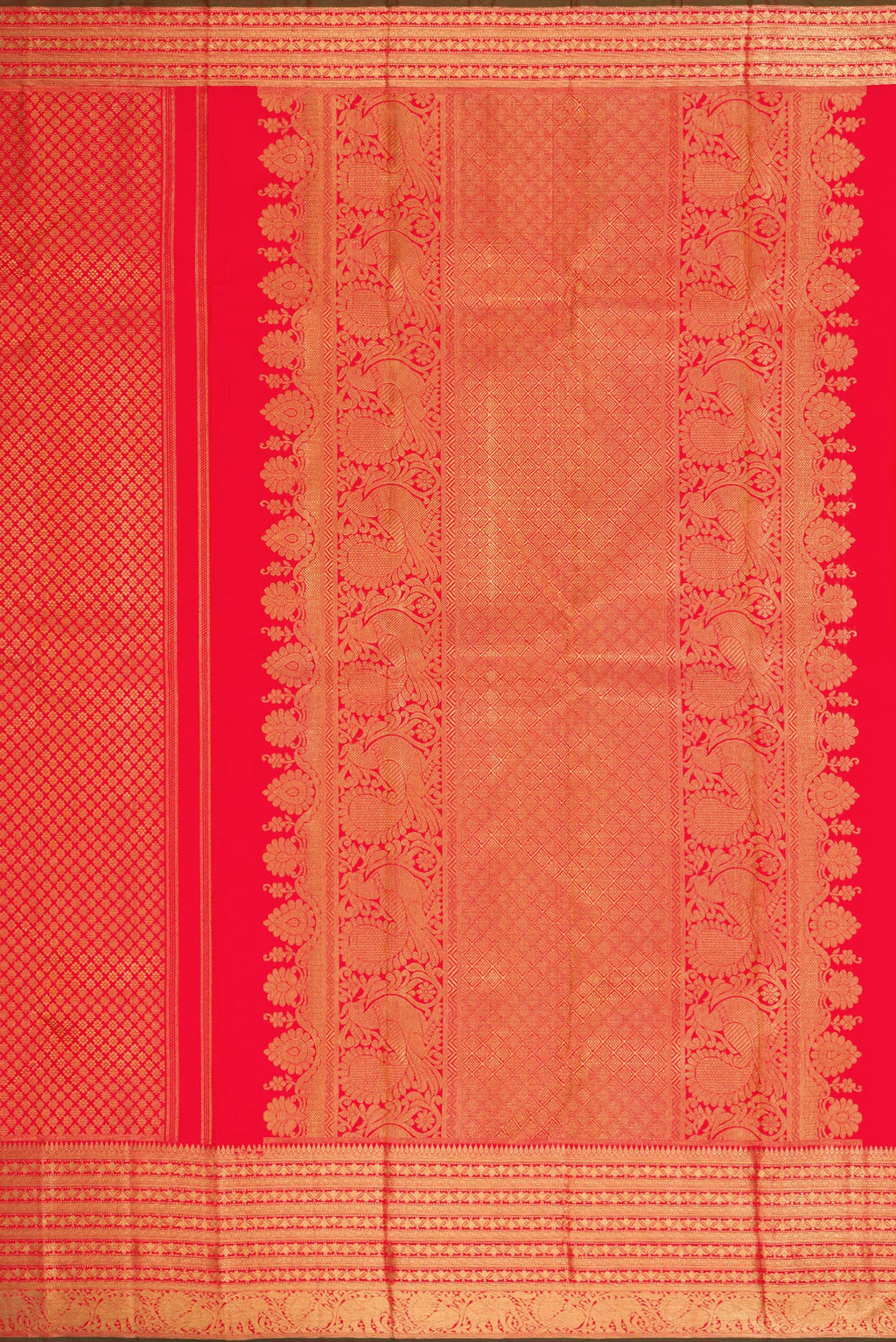 Close up image of the pallu of Pure Silk Pure Zari Red Kanjivaram Saree with Zari Brocade on the body and Zari Border. 