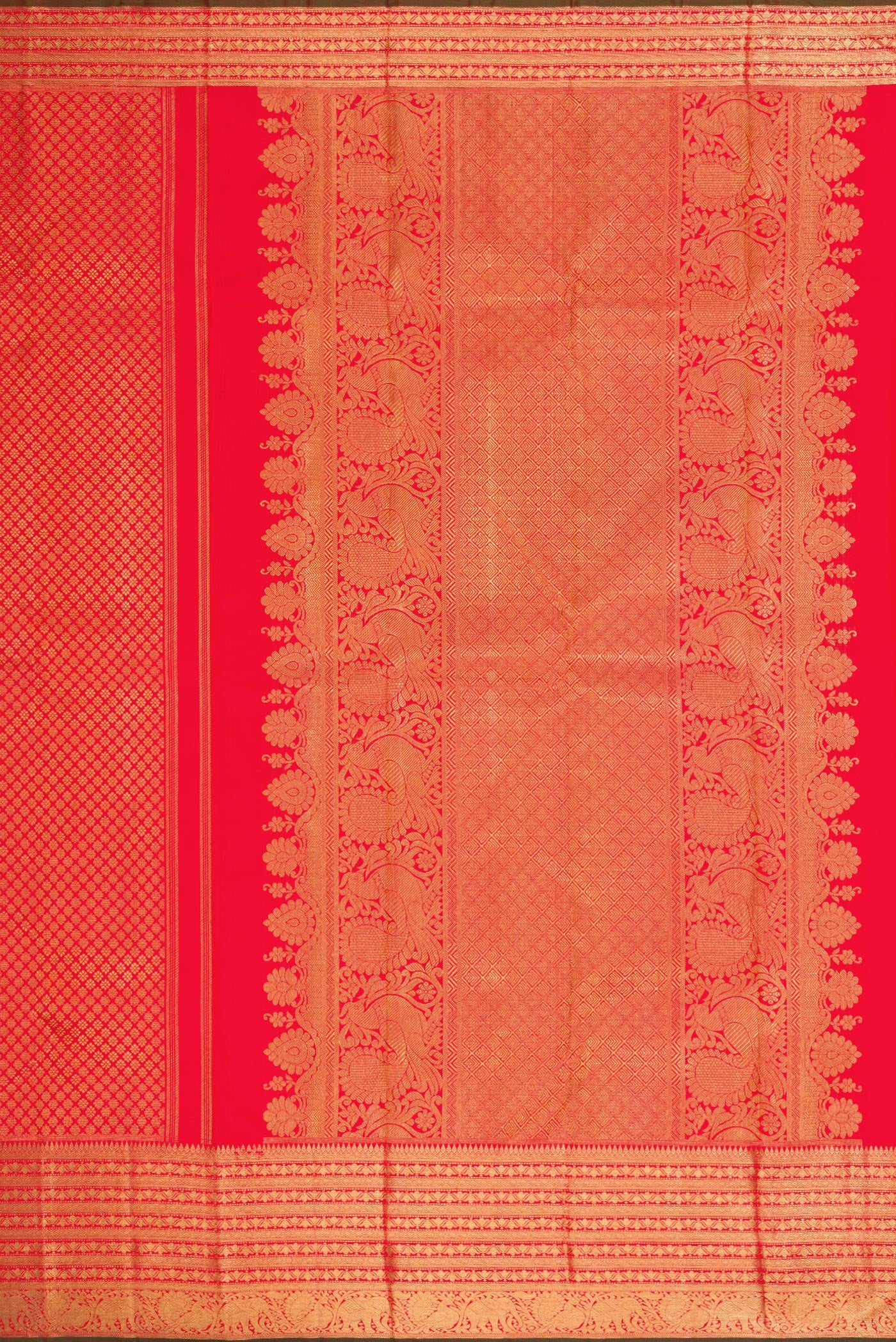 Close up image of the pallu of Pure Silk Pure Zari Red Kanjivaram Saree with Zari Brocade on the body and Zari Border. 