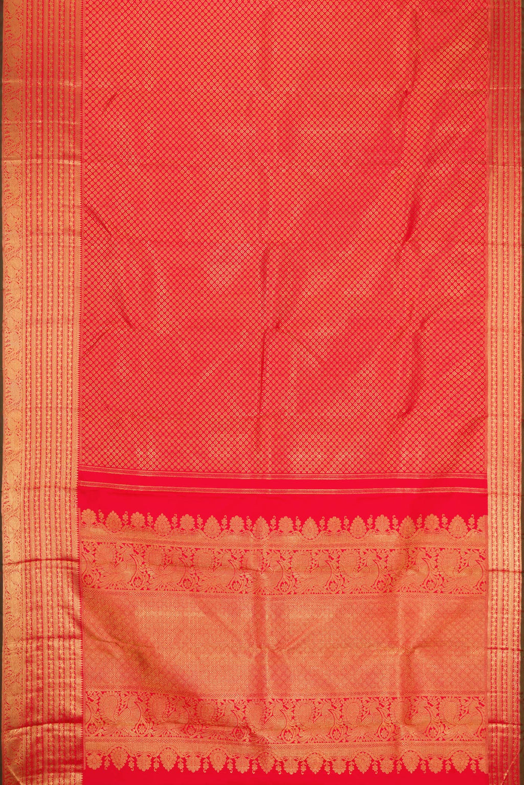 Flat view of Pure Silk Pure Zari Red Kanjivaram Saree with Zari Brocade on the body and Zari Border. 