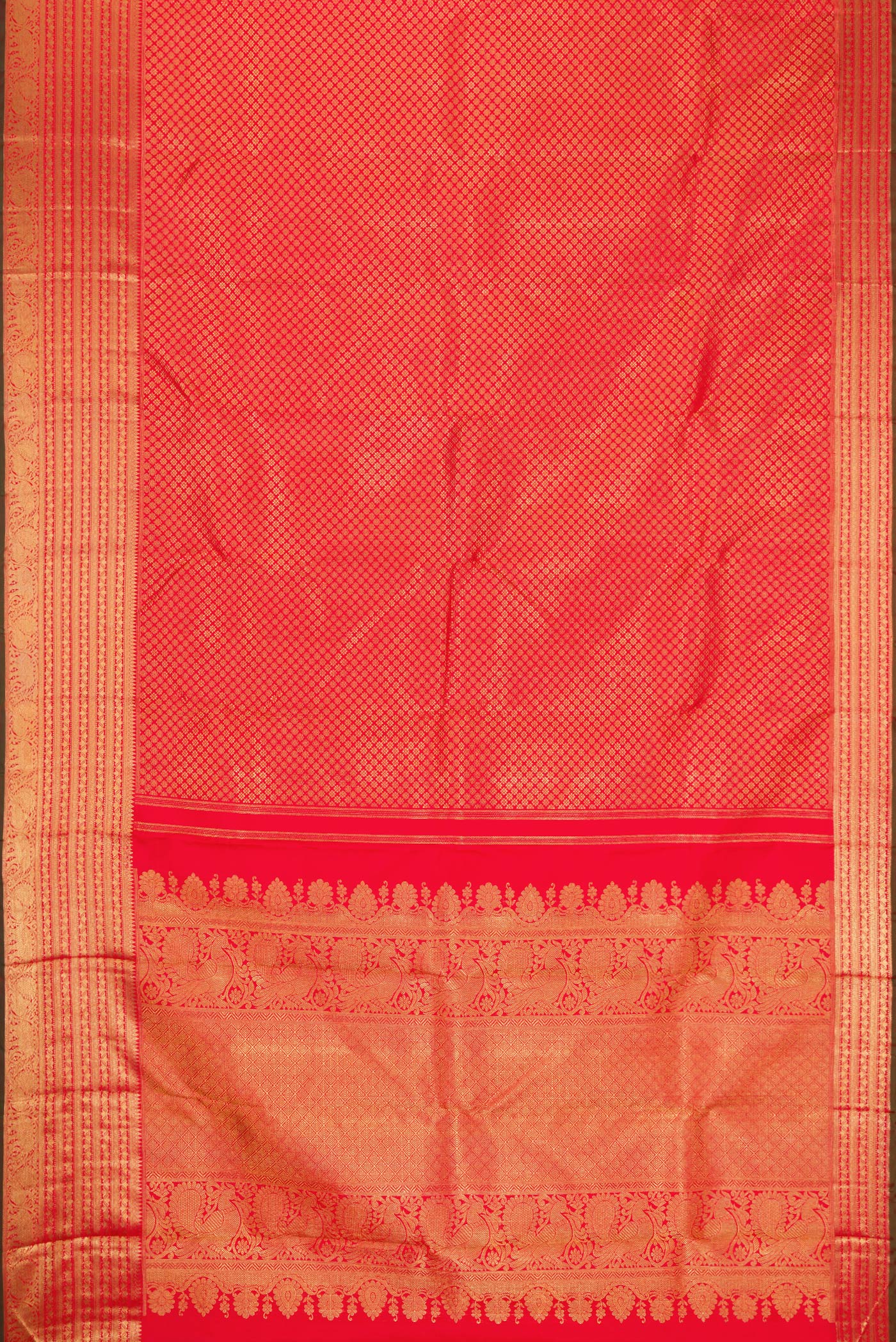 Flat view of Pure Silk Pure Zari Red Kanjivaram Saree with Zari Brocade on the body and Zari Border. 