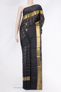 Black Dual Tone Kanchipuram Silk Saree with Checked design on the body and Zari Border.  displayed on a mannequin