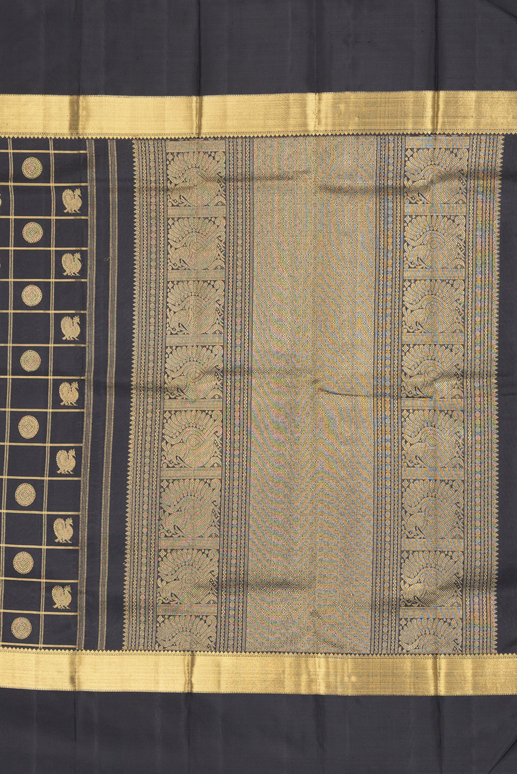 Close up image of the pallu of Black Dual Tone Kanchipuram Silk Saree with Checked design on the body and Zari Border. 