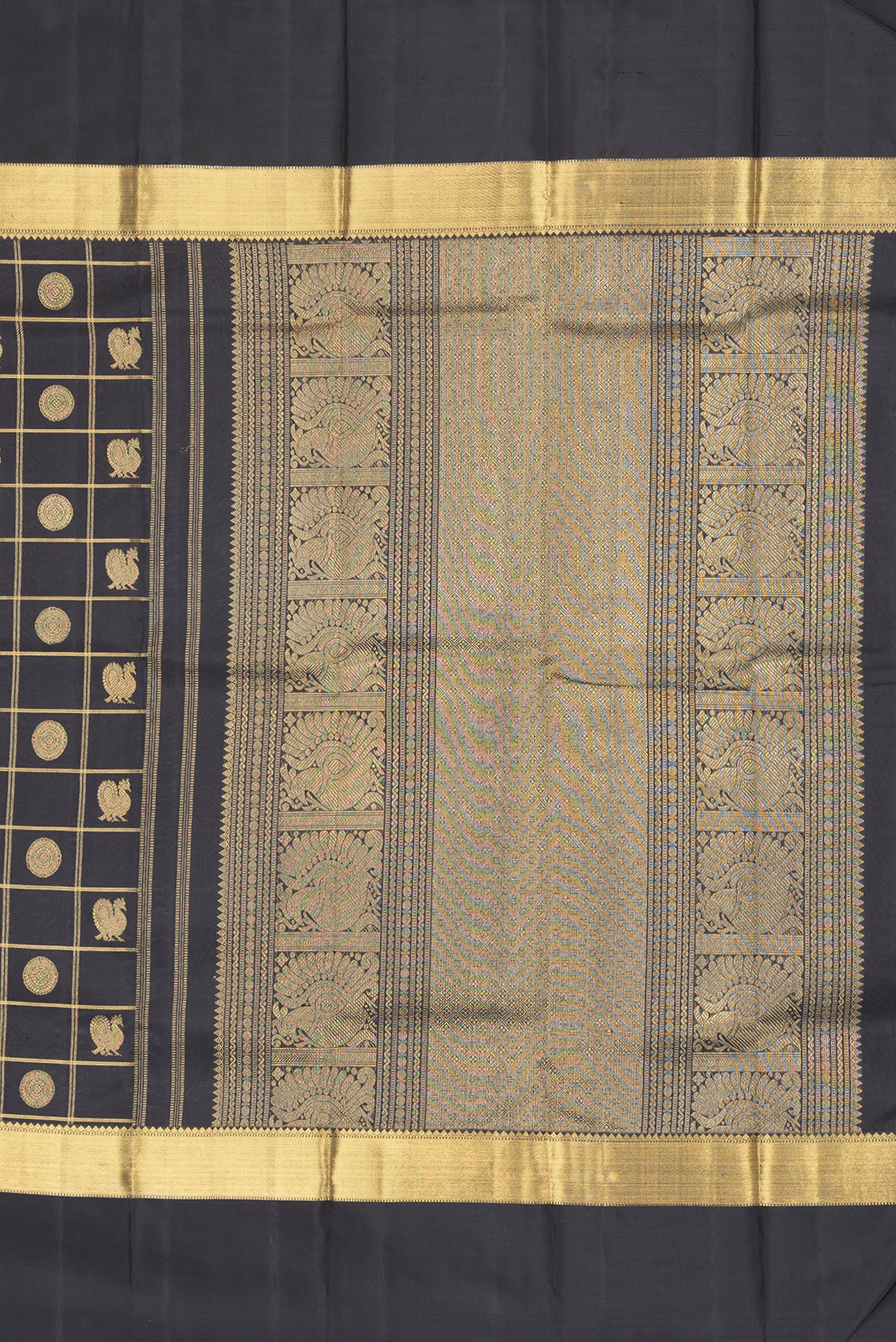 Close up image of the pallu of Black Dual Tone Kanchipuram Silk Saree with Checked design on the body and Zari Border. 