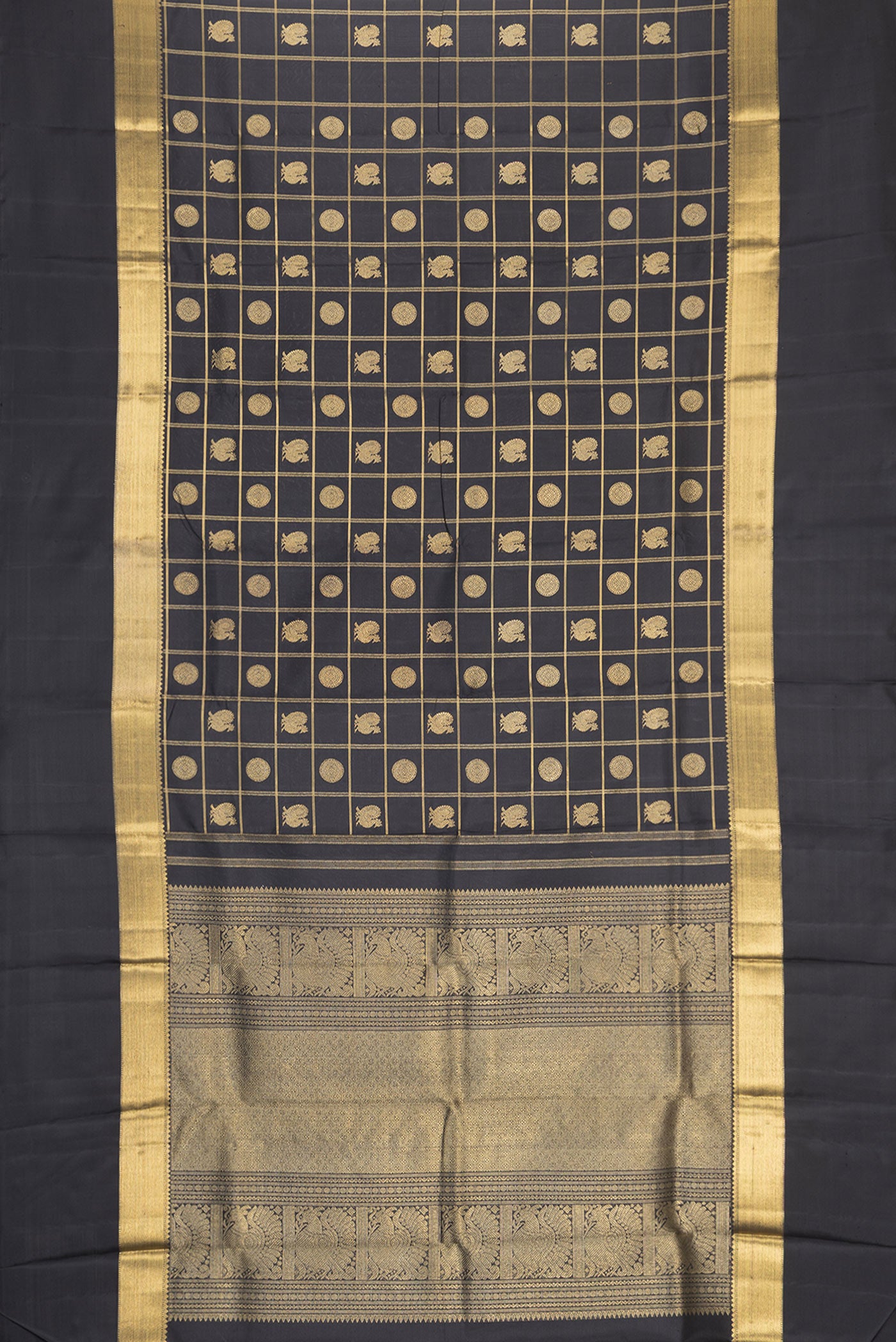 Flat view of Black Dual Tone Kanchipuram Silk Saree with Checked design on the body and Zari Border. 