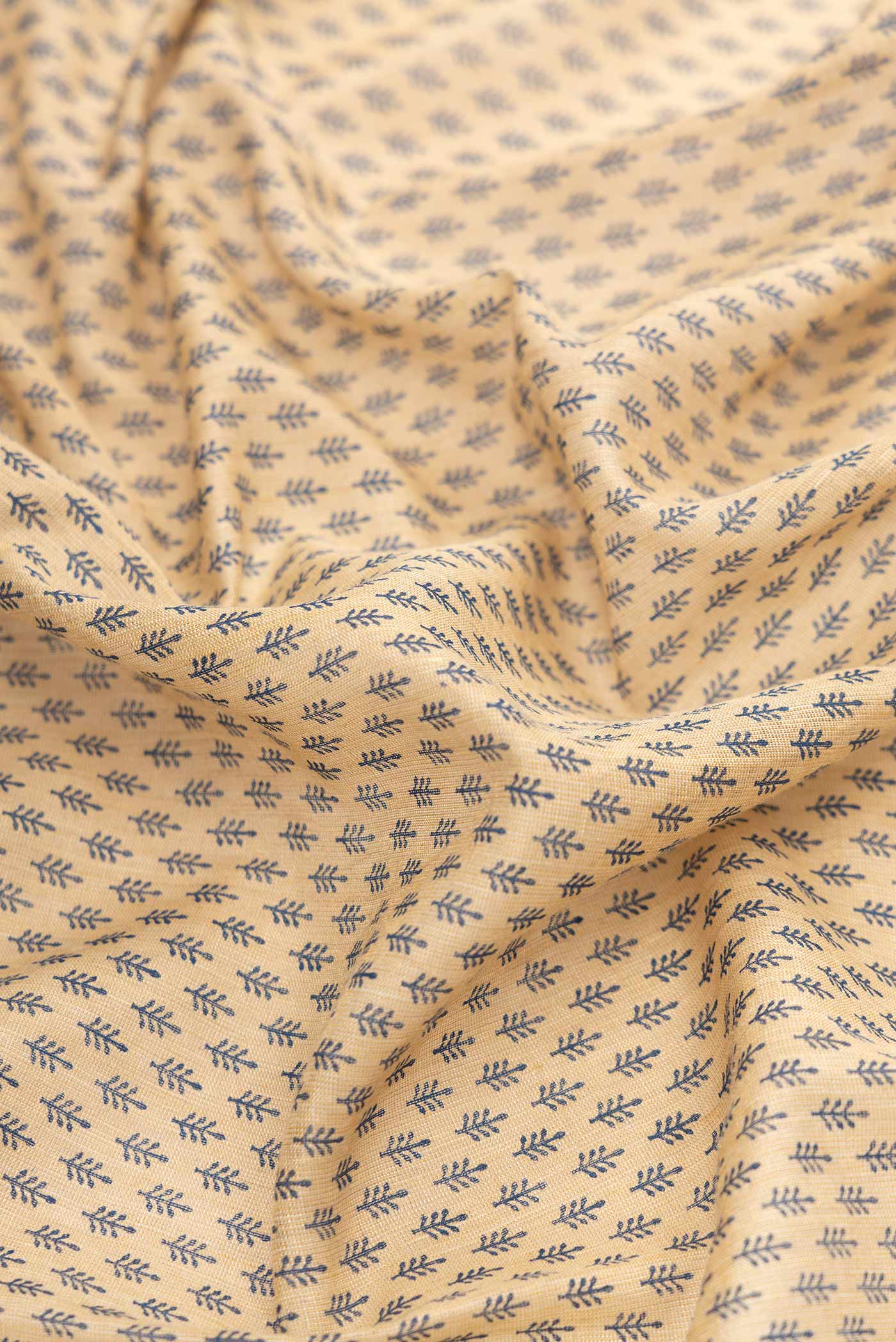 Close up of Beige Dual Tone Tussar Silk Saree with Printed design on the body and Zari Border.  displaying folds