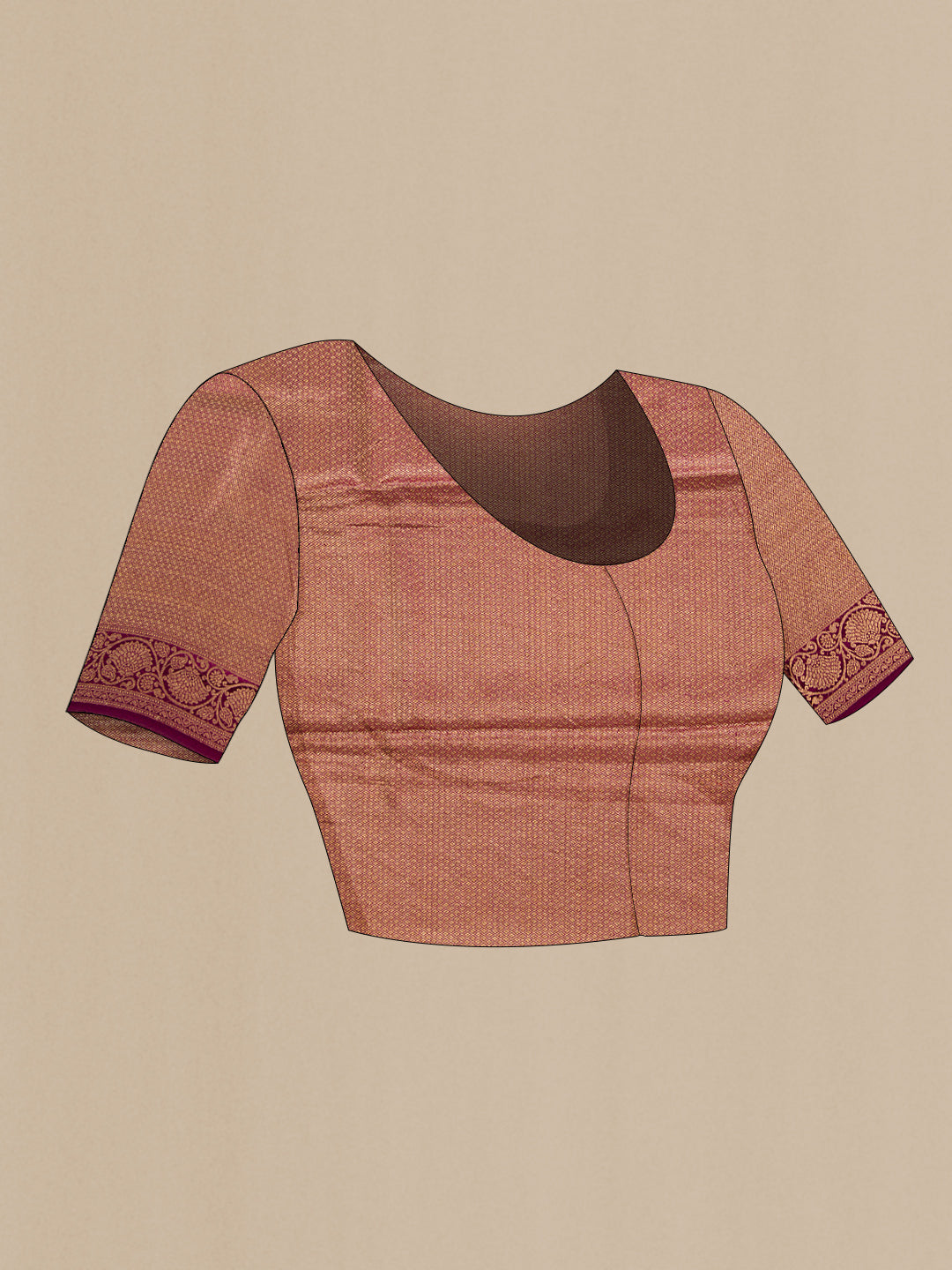 Close up image of the blouse of Coffee Brown Dual Tone Organza Silk Saree with Printed design on the body and Zari Border. 