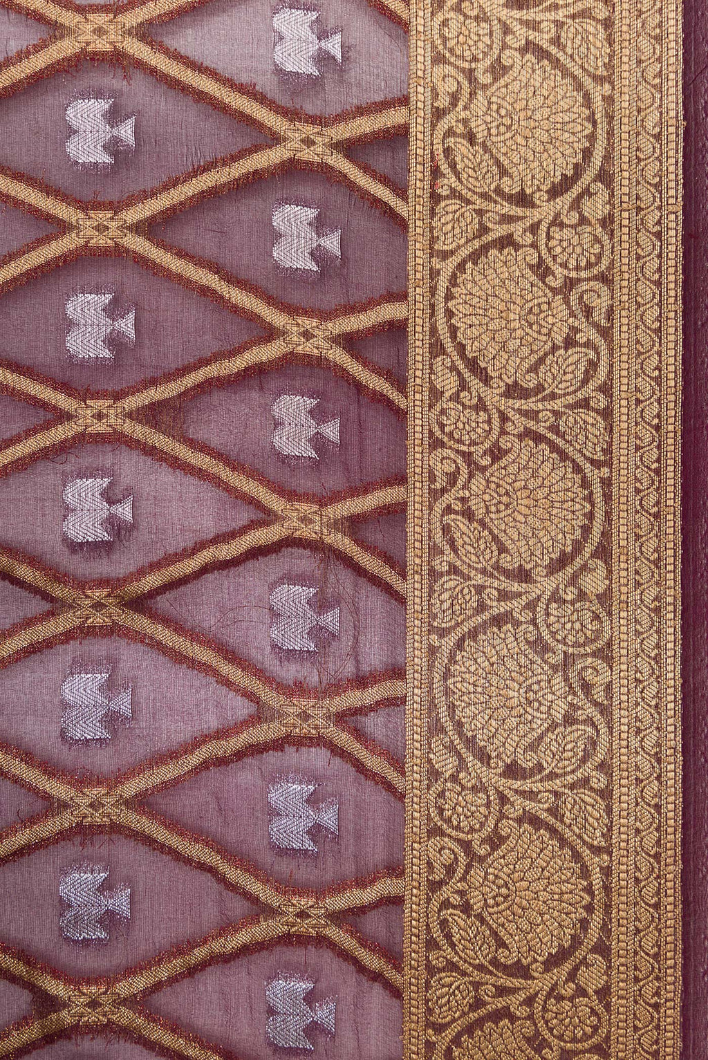Border image of Coffee Brown Dual Tone Organza Silk Saree with Printed design on the body and Zari Border. 
