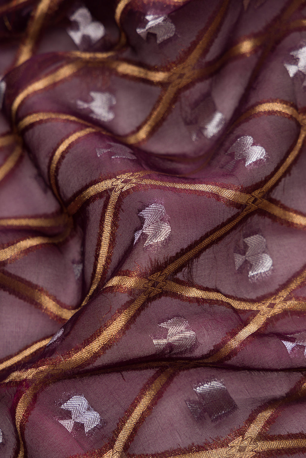 Close up of Coffee Brown Dual Tone Organza Silk Saree with Printed design on the body and Zari Border.  displaying folds