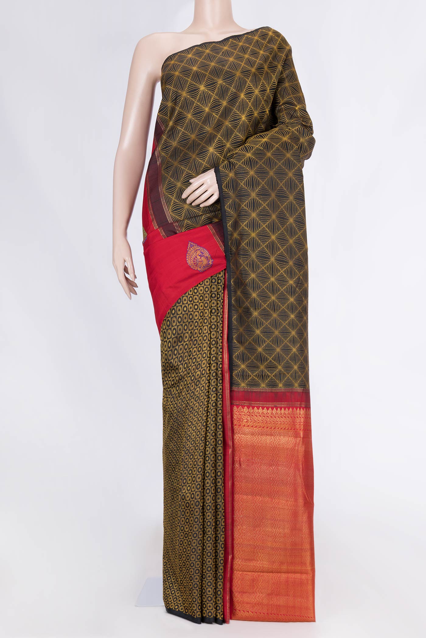 Black Dual Tone Kanchipuram Silk Saree with Jacquard design on the body and Without Border displayed on a mannequin
