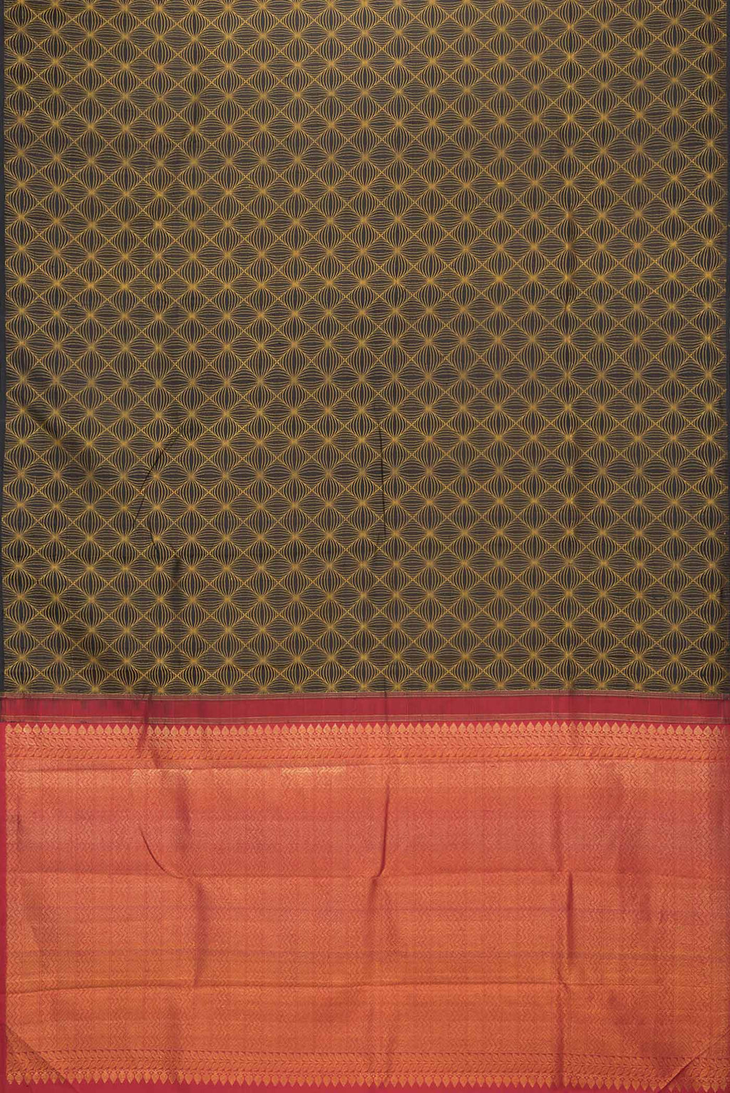 Flat view of Black Dual Tone Kanchipuram Silk Saree with Jacquard design on the body and Without Border