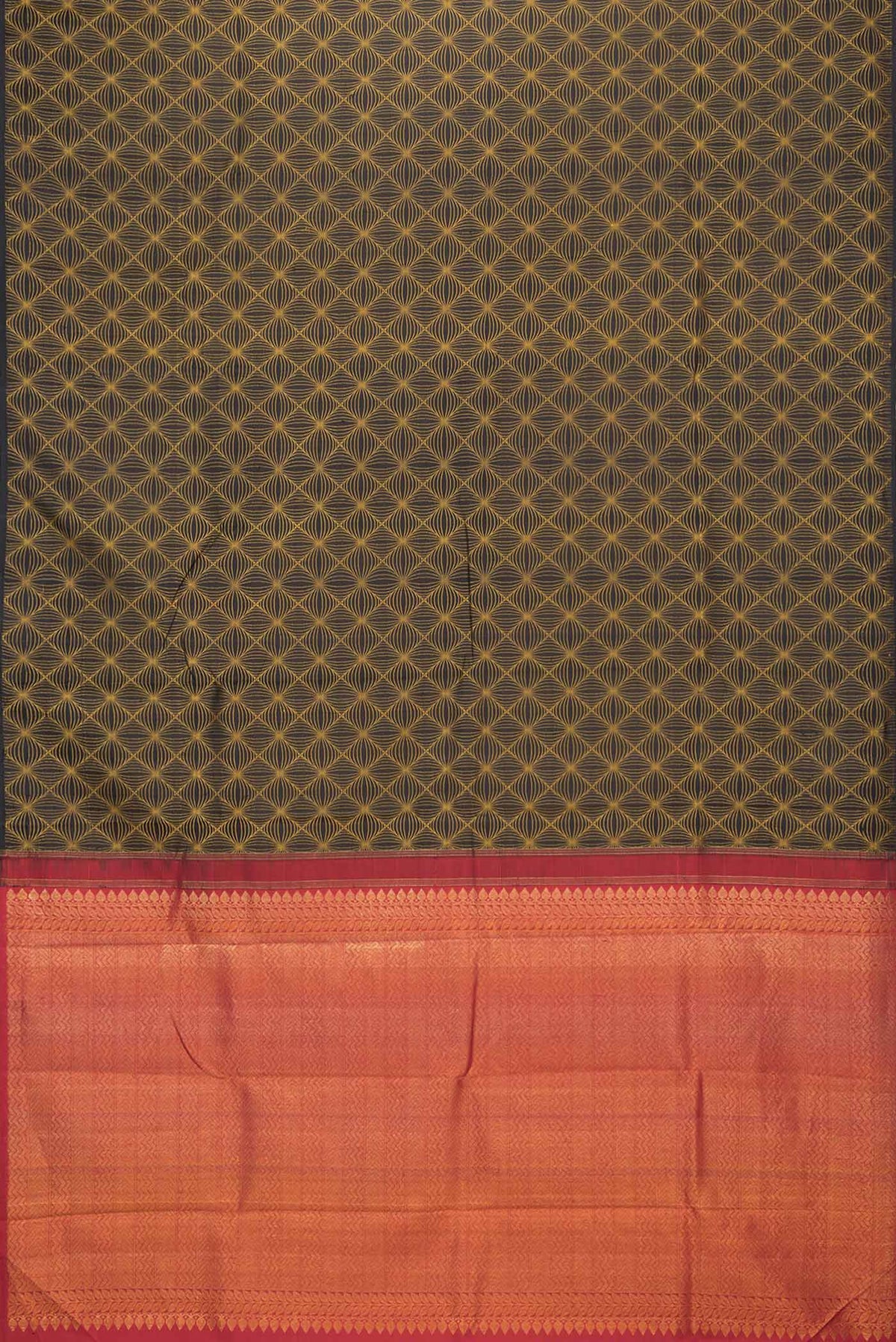 Flat view of Black Dual Tone Kanchipuram Silk Saree with Jacquard design on the body and Without Border