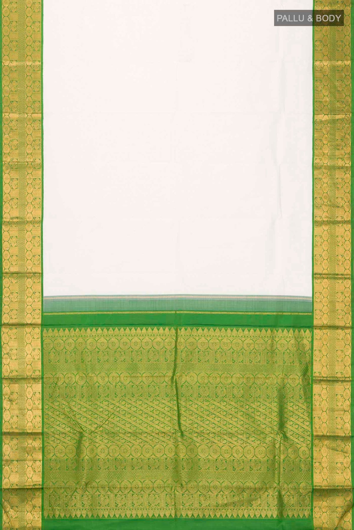 Flat view of White Kanchipuram Silk Saree with Plain Body and Zari Border