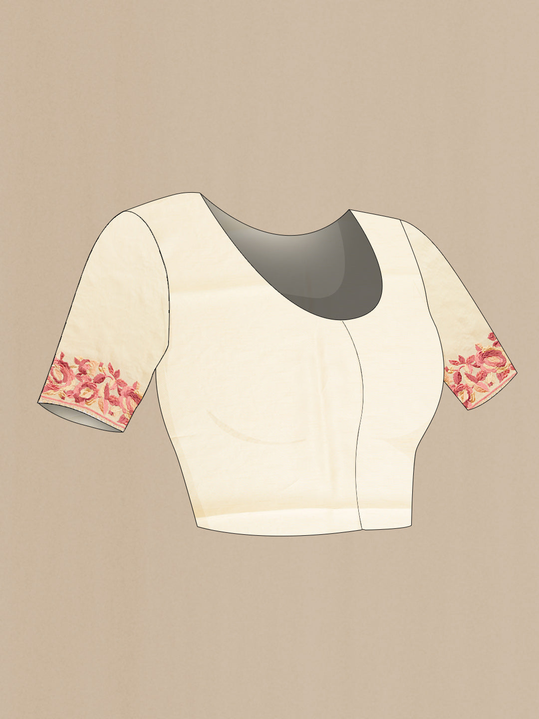 Close up image of the blouse of Beige Dual Tone Organza Silk Saree with Embroidery on the body and Embroidery Border. 