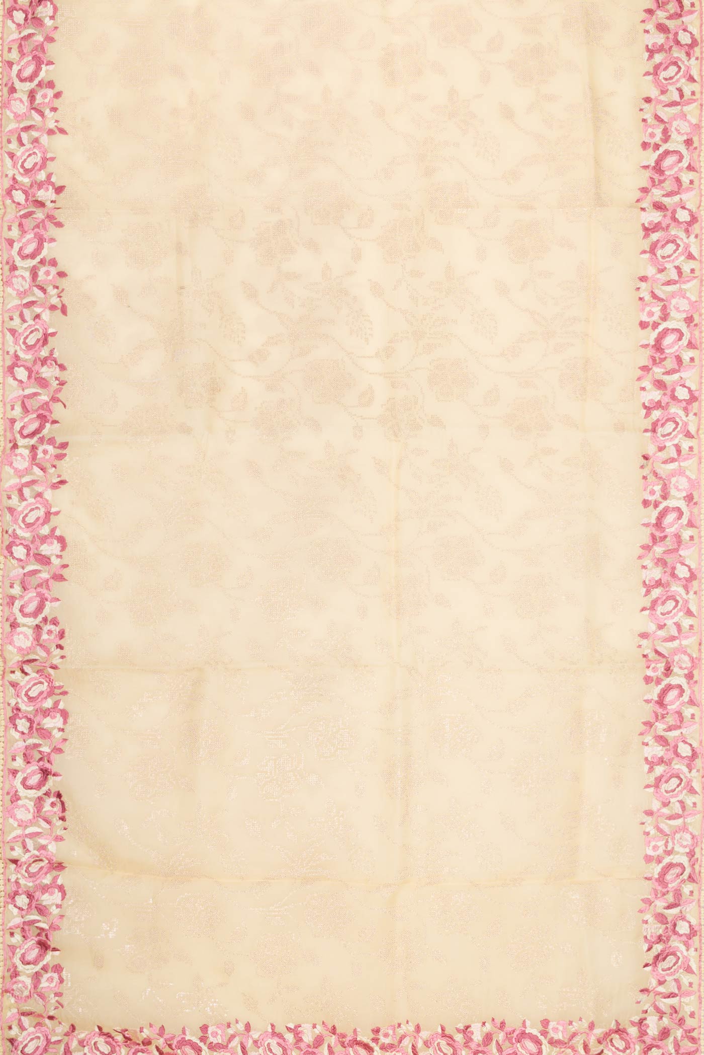 Flat view of Beige Dual Tone Organza Silk Saree with Embroidery on the body and Embroidery Border. 