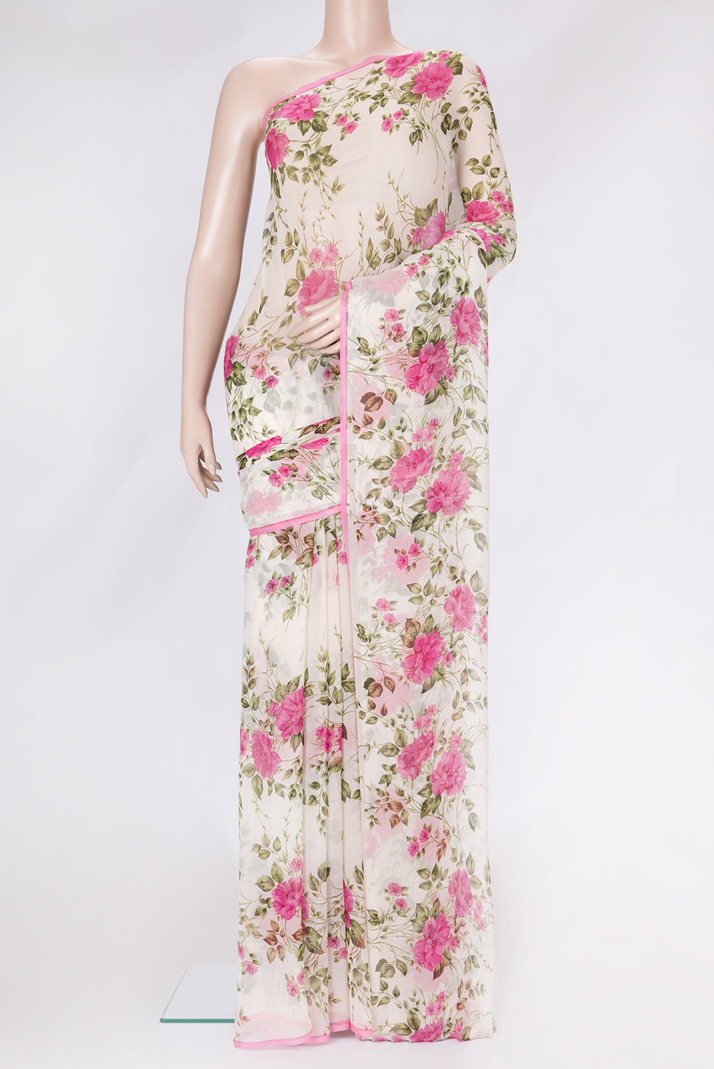 Beige Dual Tone Mysore Chiffon Saree with Printed design on the body and Plain Border.  displayed on a mannequin
