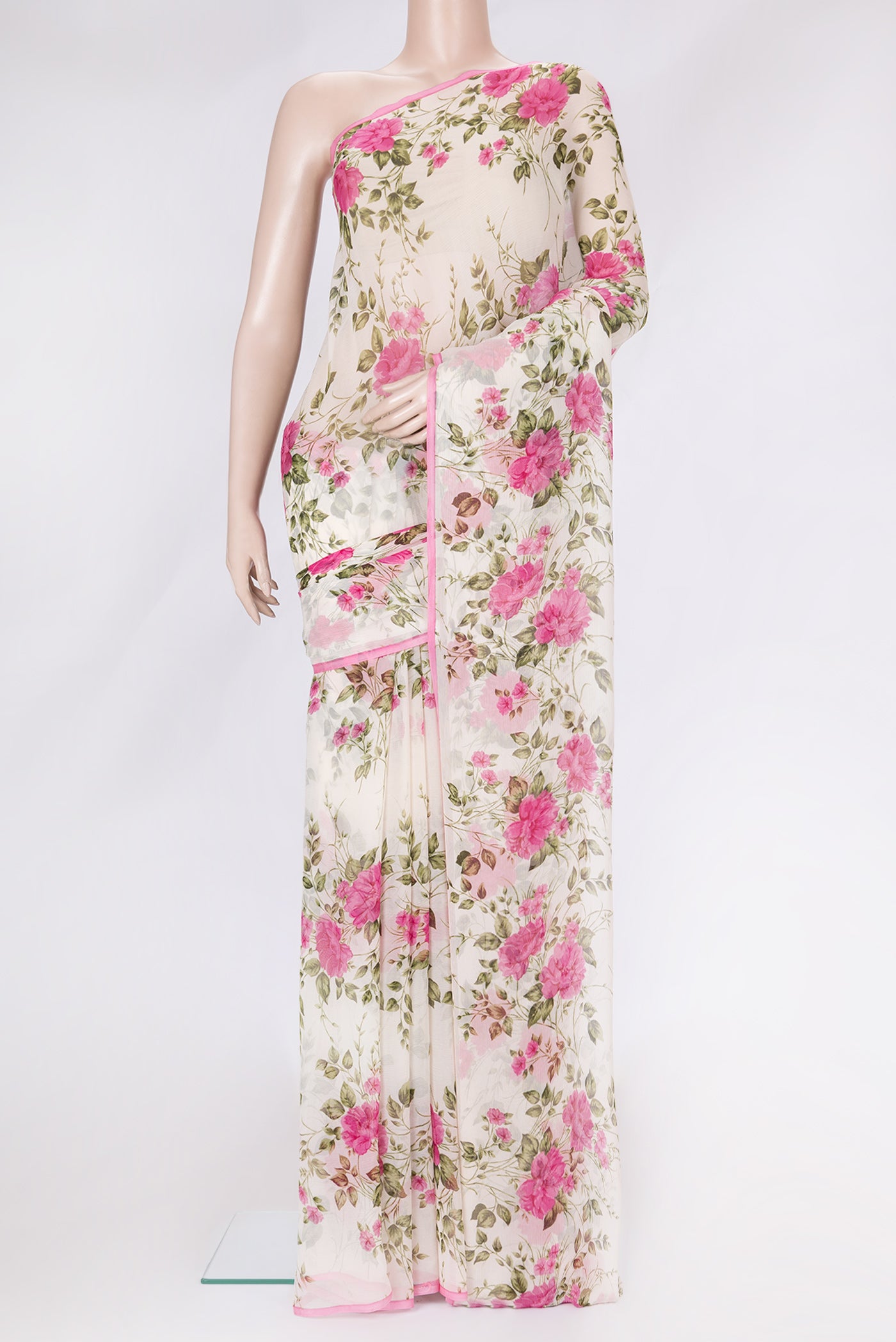 Beige Dual Tone Mysore Chiffon Saree with Printed design on the body and Plain Border.  displayed on a mannequin