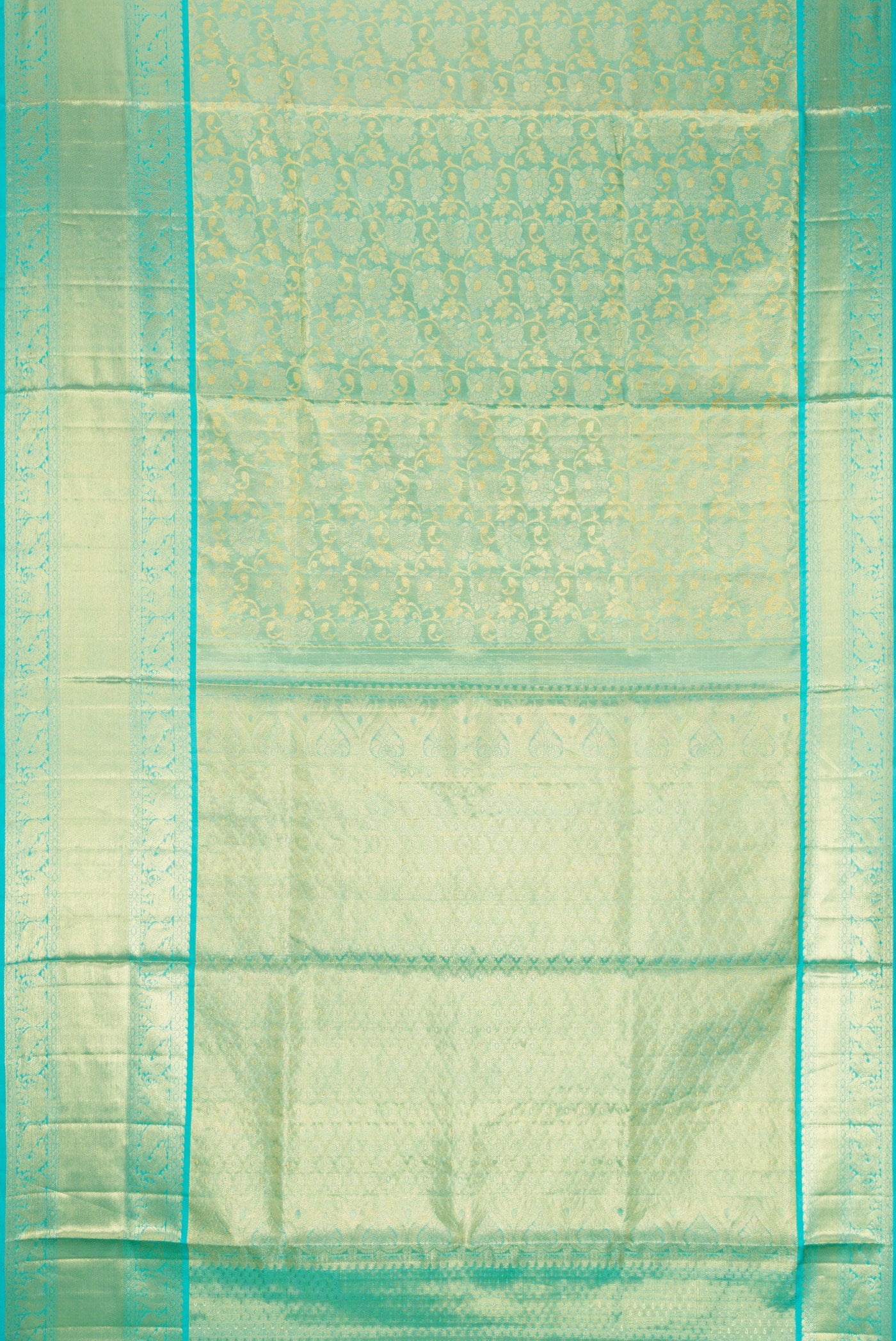 Flat view of Sky Blue Dual Tone Kanchipuram Tissue Silk Saree with Zari Brocade on the body and Zari Border. 