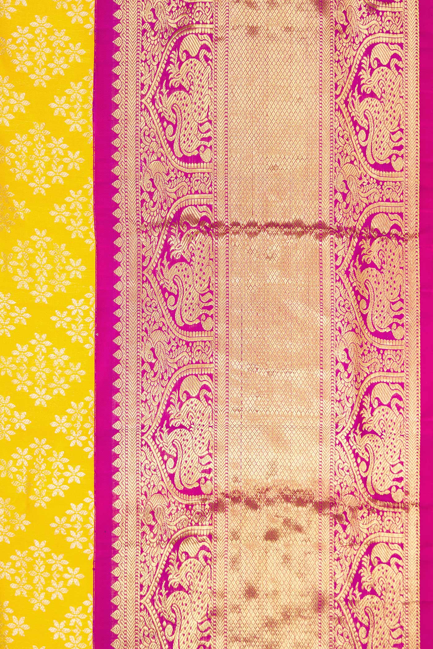 Border image of Yellow Dual Tone Kanjivaram Silk Saree with Zari Brocade on the body and Zari Border. 